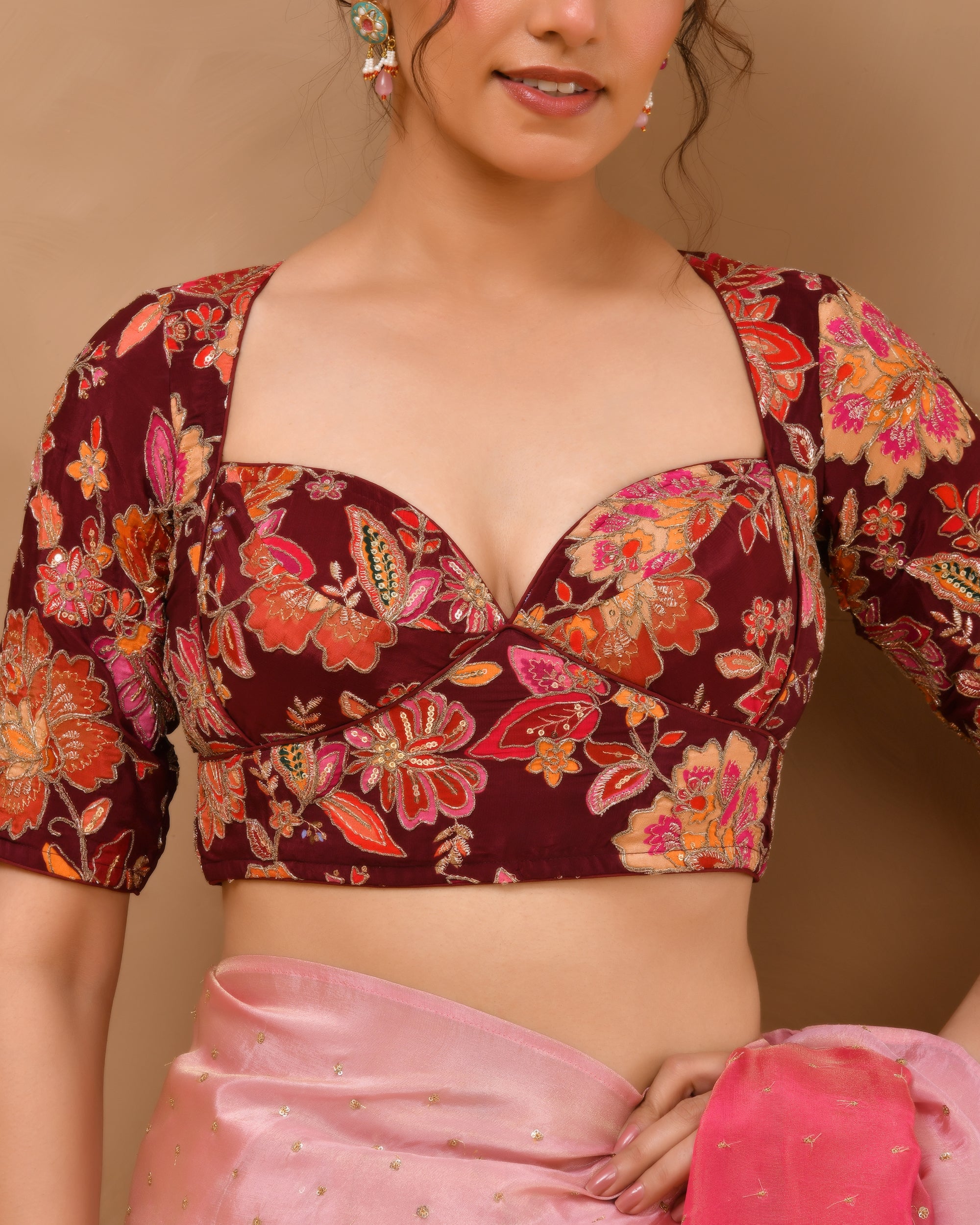 Deep Sweetheart Neck Embroidery Burgundy Blouse With Sleeves