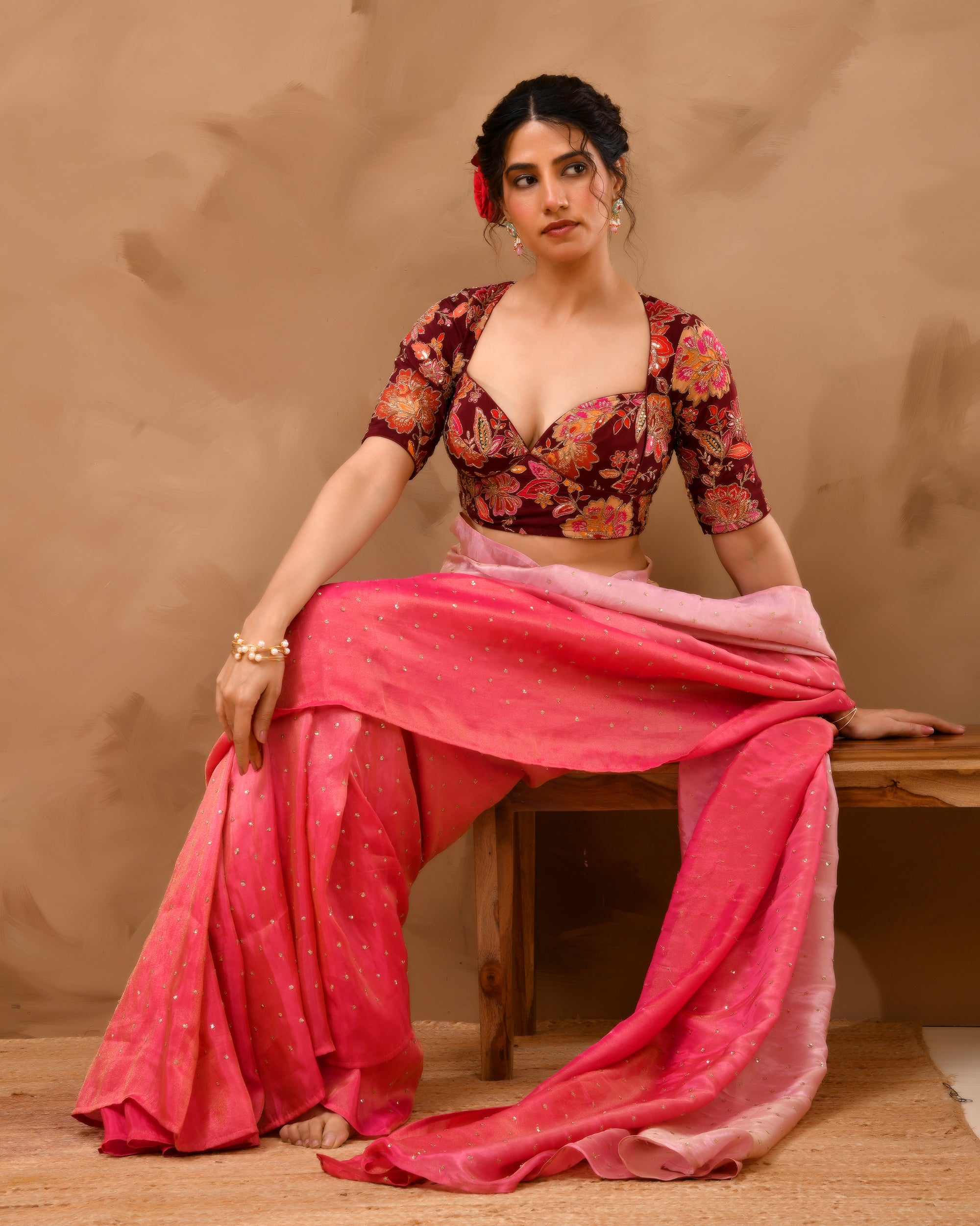 Deep Sweetheart Neck Embroidery Burgundy Blouse With Sleeves