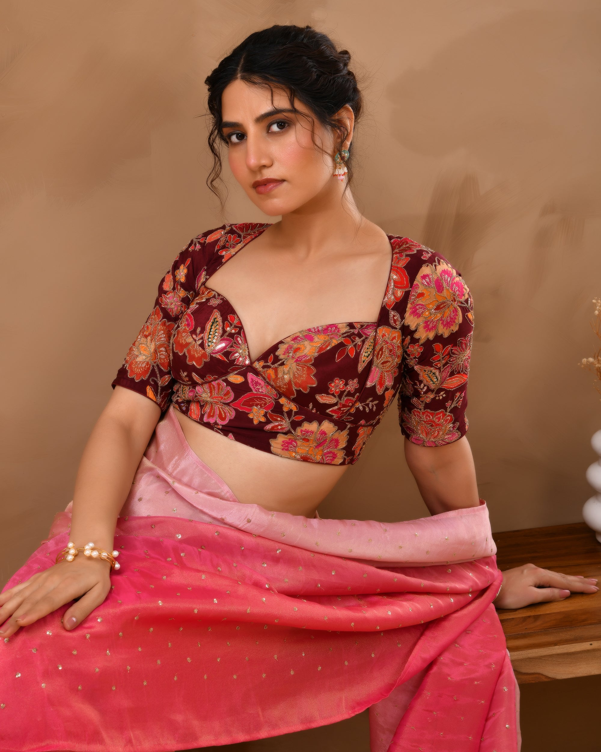 Deep Sweetheart Neck Embroidery Burgundy Blouse With Sleeves