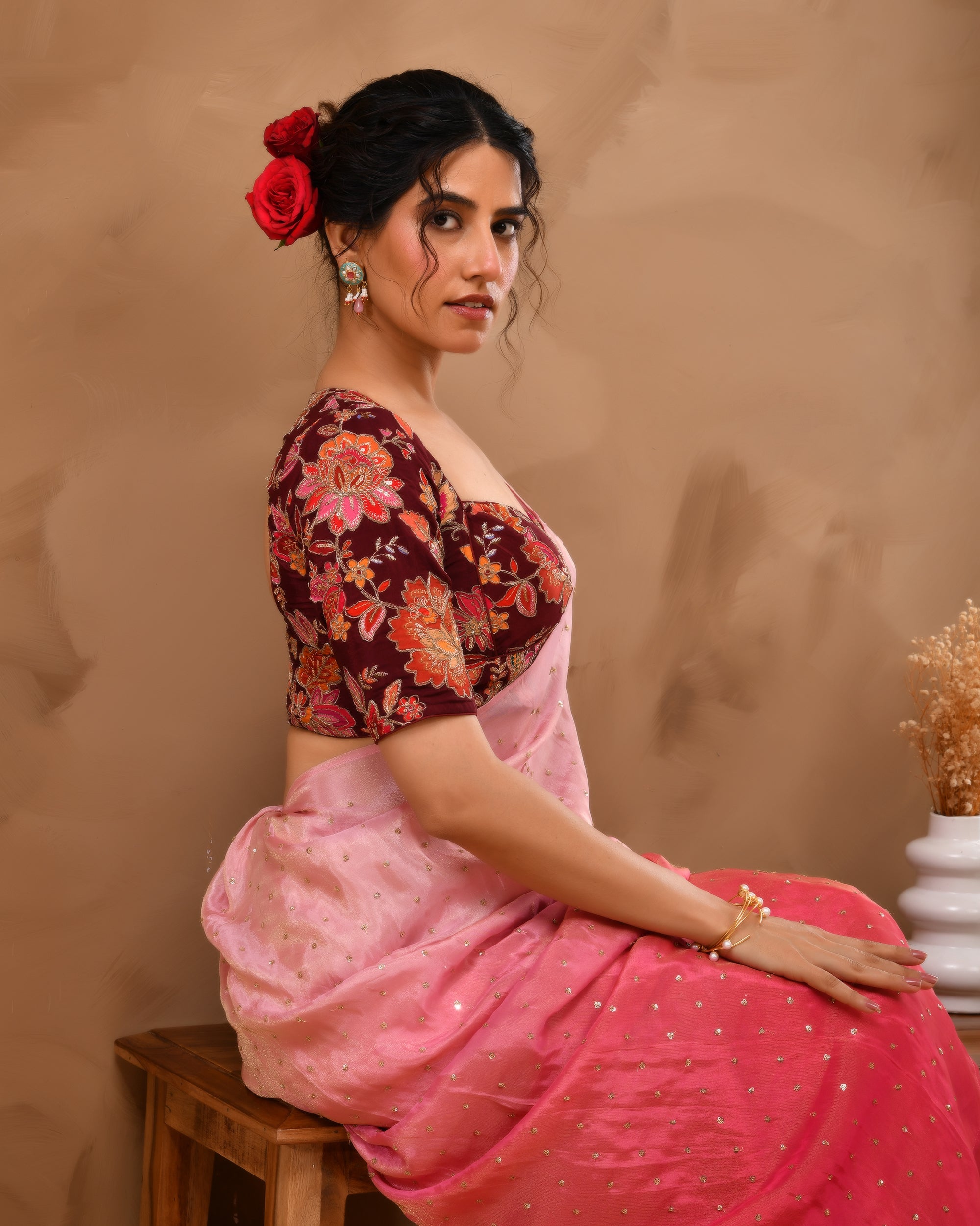 Deep Sweetheart Neck Embroidery Burgundy Blouse With Sleeves