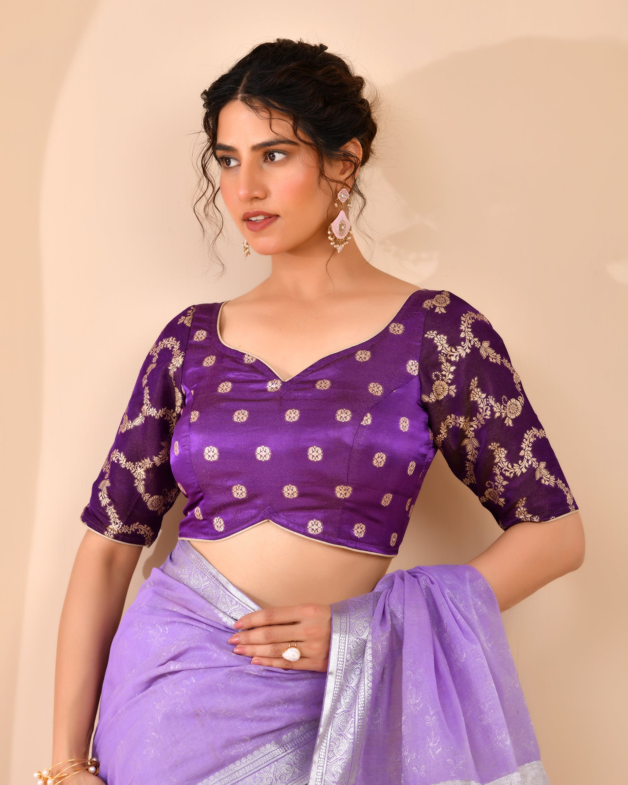 Purple  Zari Woven Dola Silk Blouse with sleeves