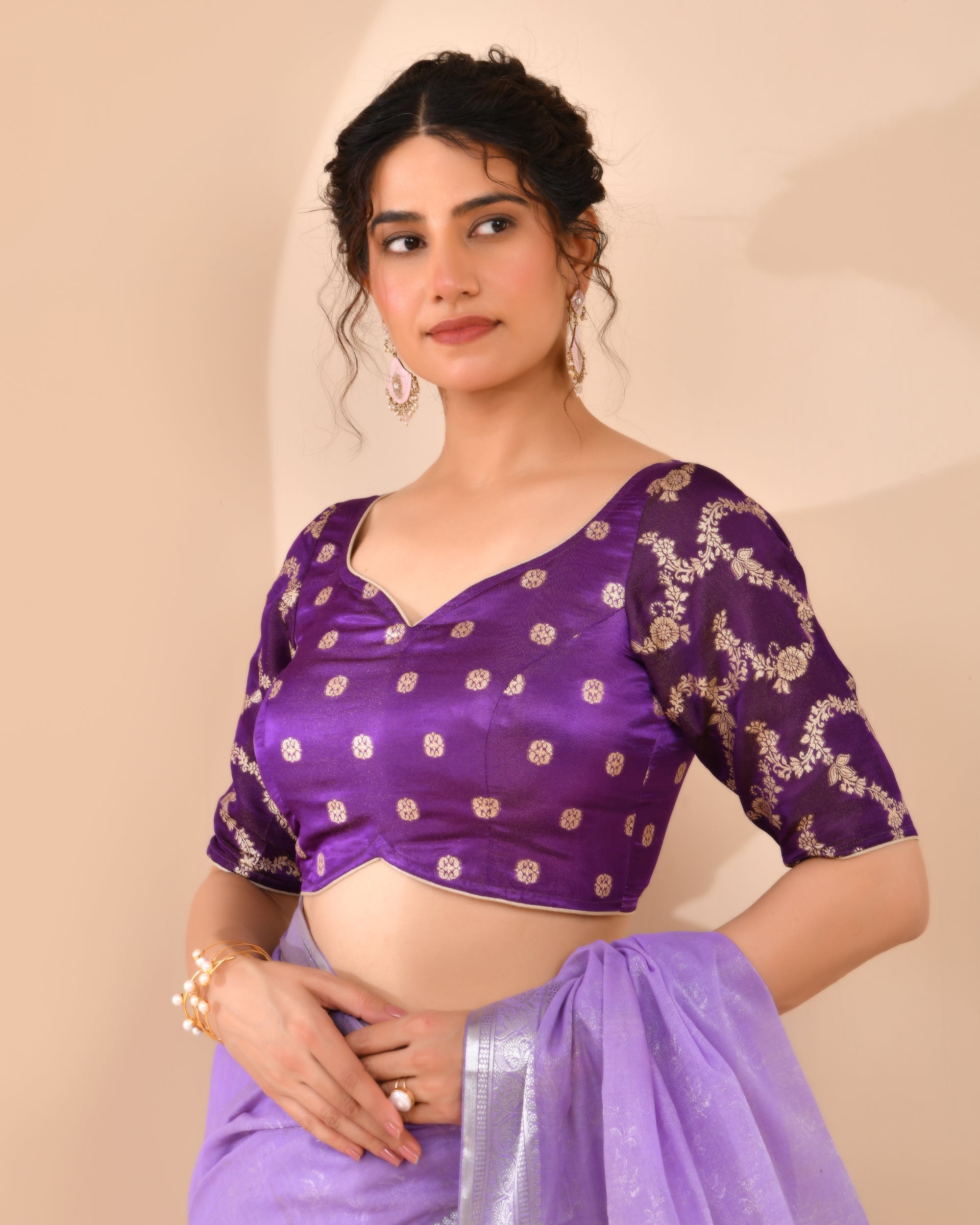 Purple  Zari Woven Dola Silk Blouse with sleeves
