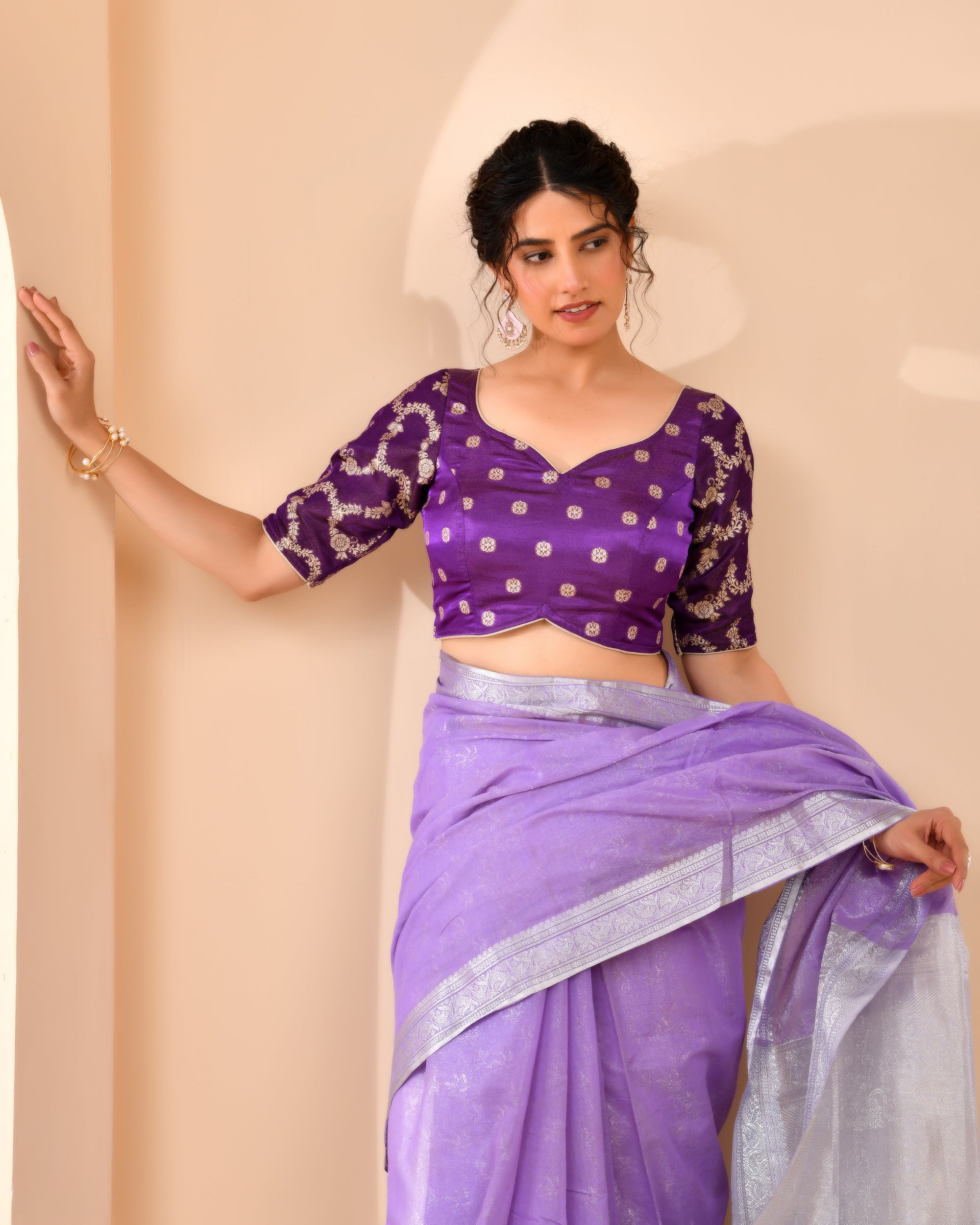 Purple  Zari Woven Dola Silk Blouse with sleeves