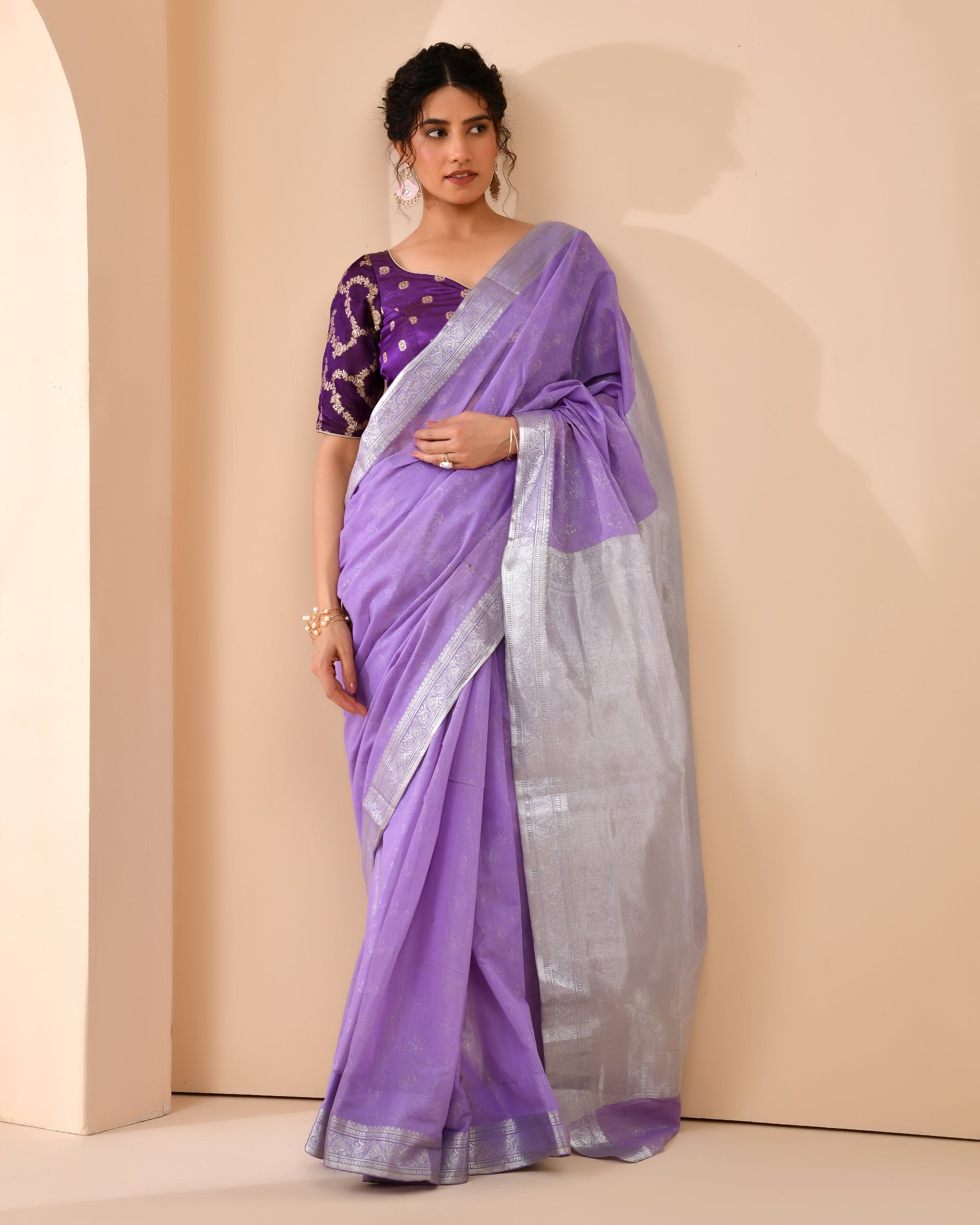 Purple  Zari Woven Dola Silk Blouse with sleeves