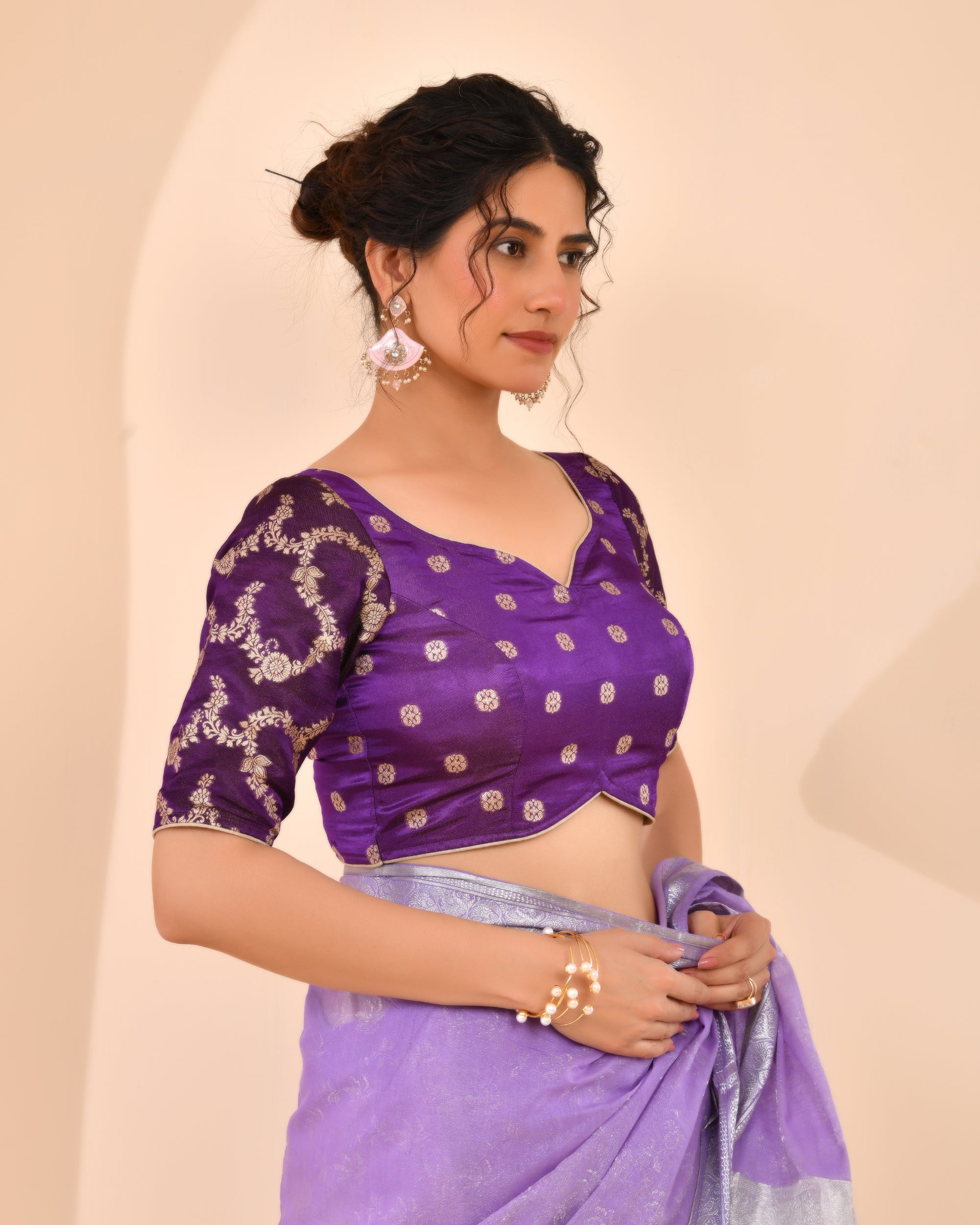 Purple  Zari Woven Dola Silk Blouse with sleeves