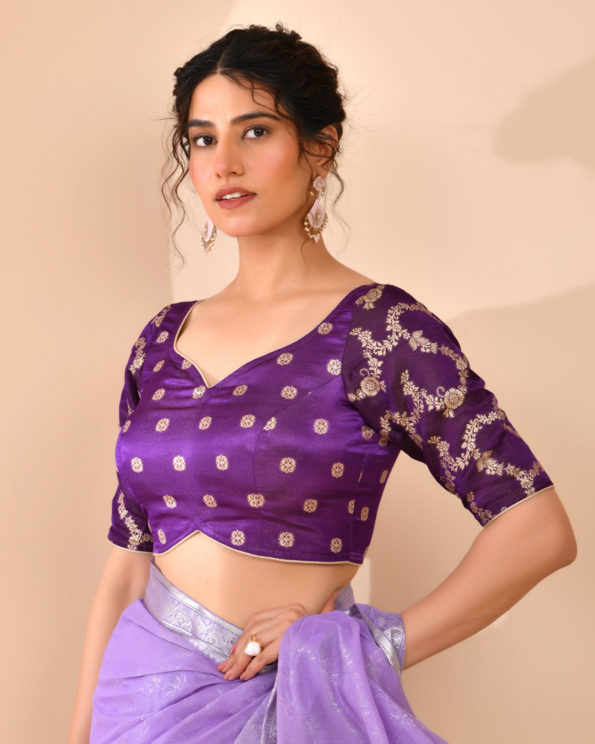 Purple  Zari Woven Dola Silk Blouse with sleeves