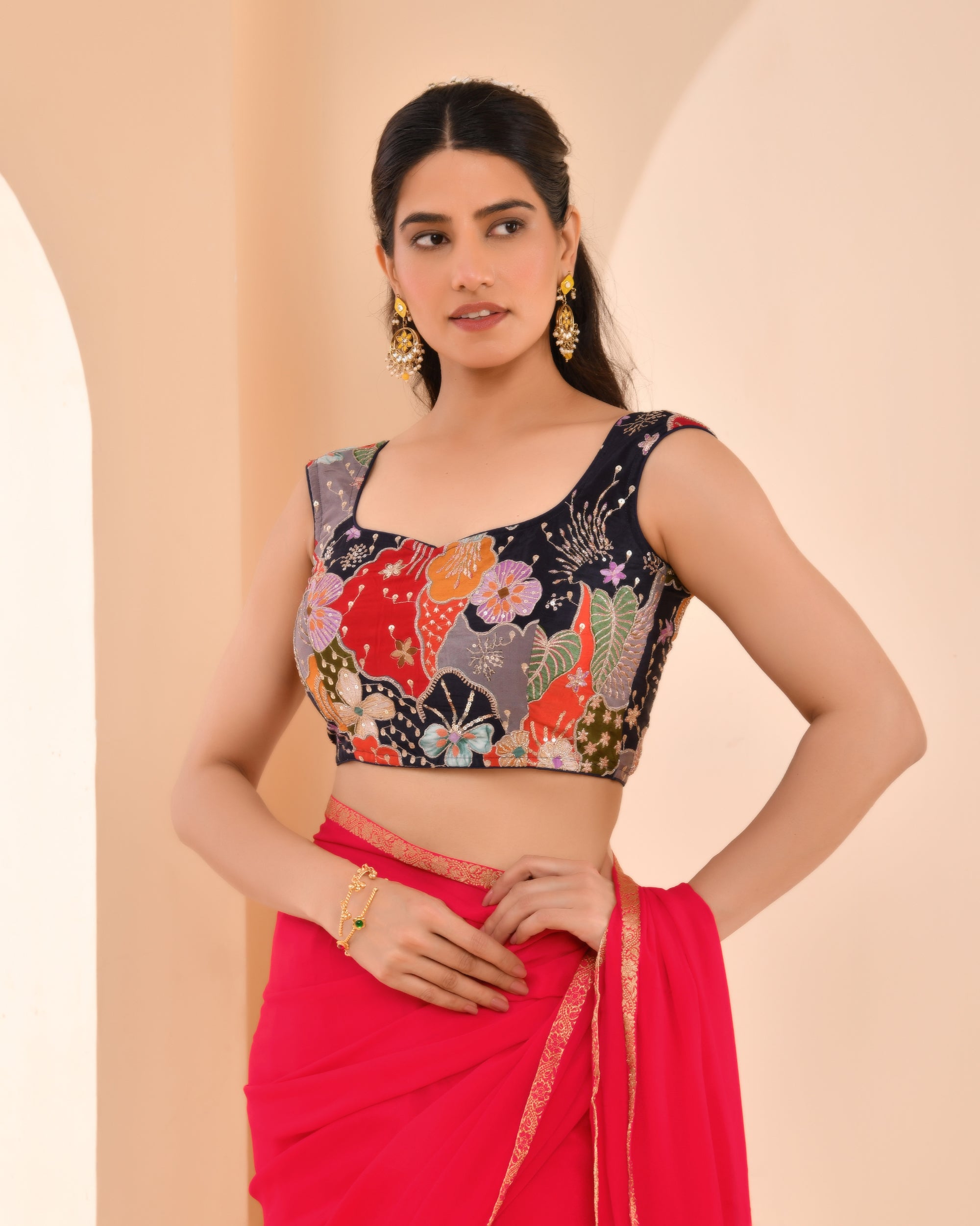 Navy Blue Floral Position Print Sweetheart Neck Blouse Sleevesless