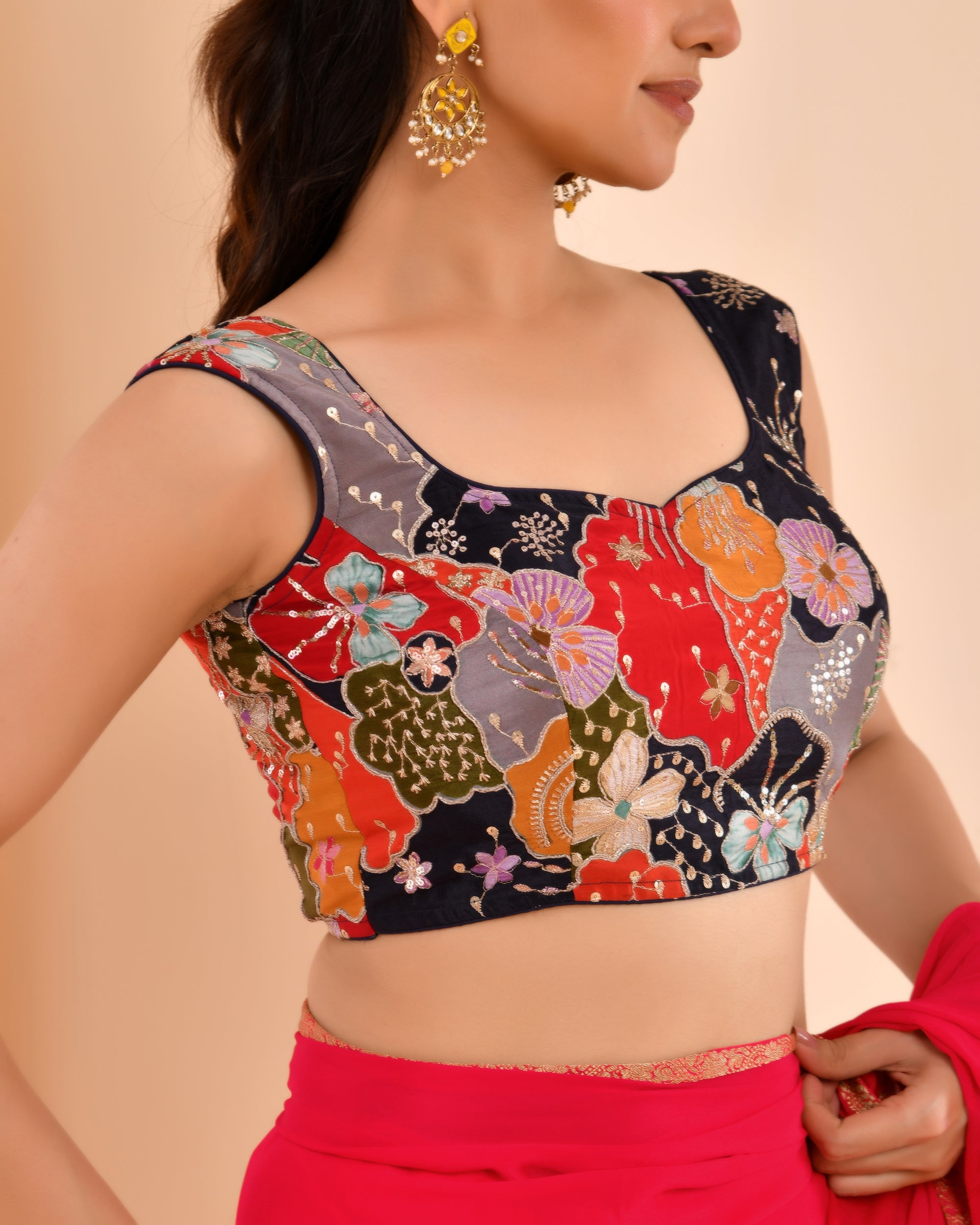 Navy Blue Floral Position Print Sweetheart Neck Blouse Sleevesless