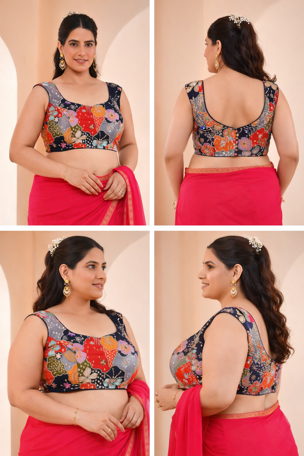 Navy Blue Floral Position Print Sweetheart Neck Blouse Sleevesless