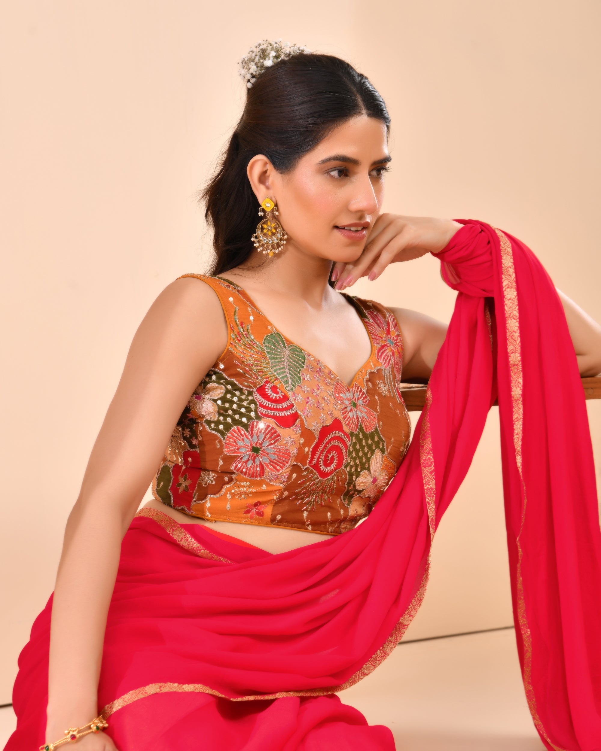 Mustard Floral Position Print Sweetheart Neck Blouse Sleevesless