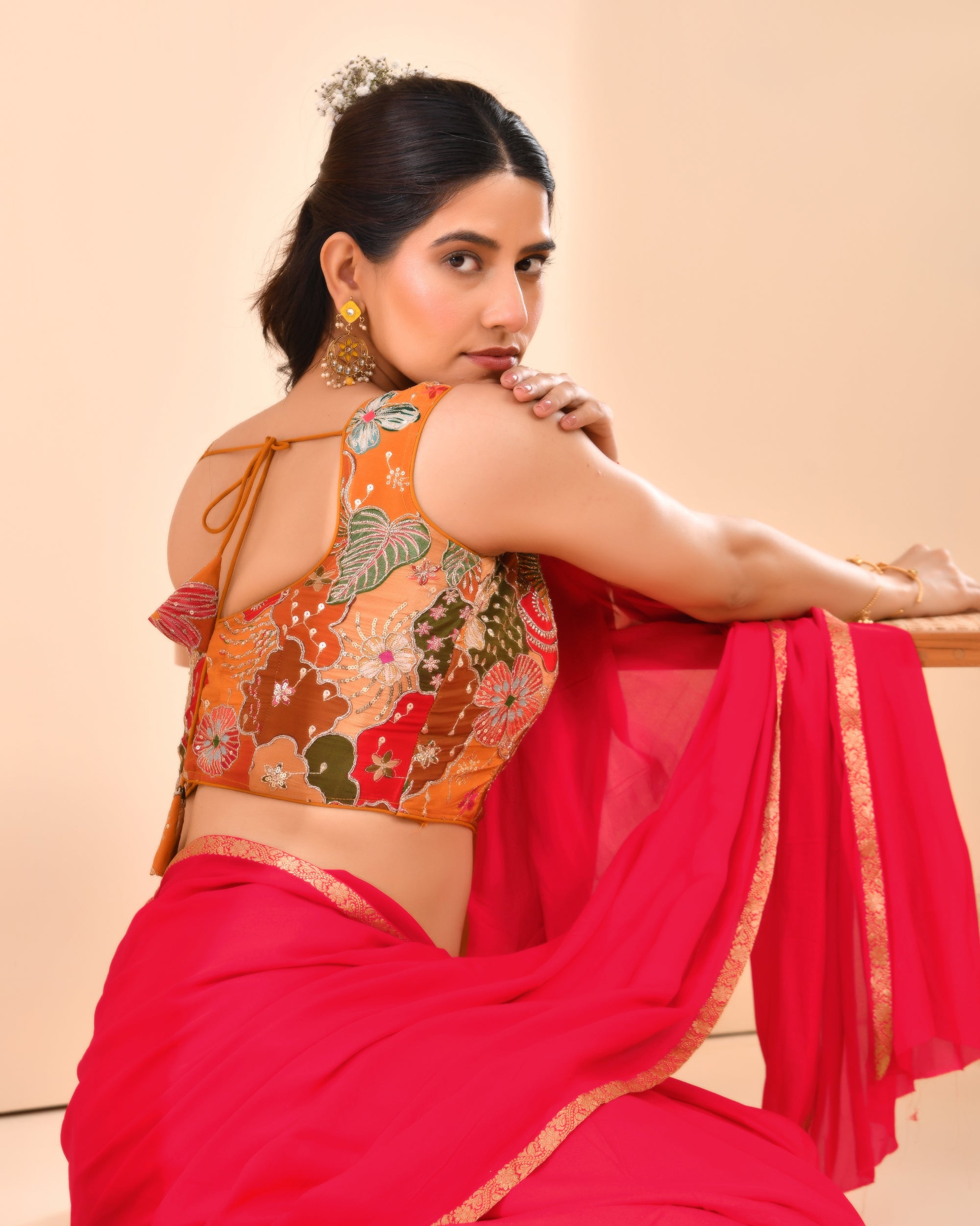 Mustard Floral Position Print Sweetheart Neck Blouse Sleevesless