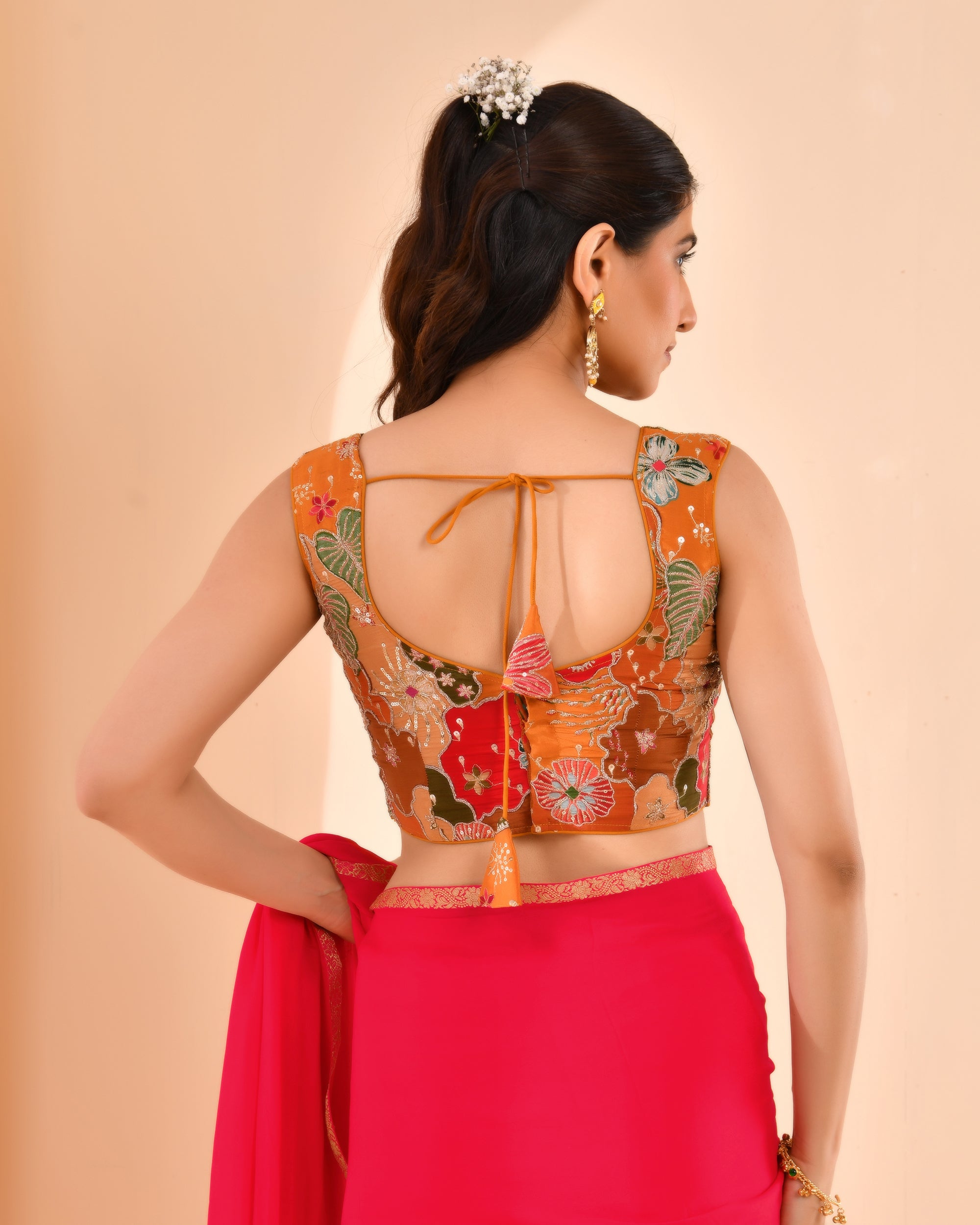 Mustard Floral Position Print Sweetheart Neck Blouse Sleevesless