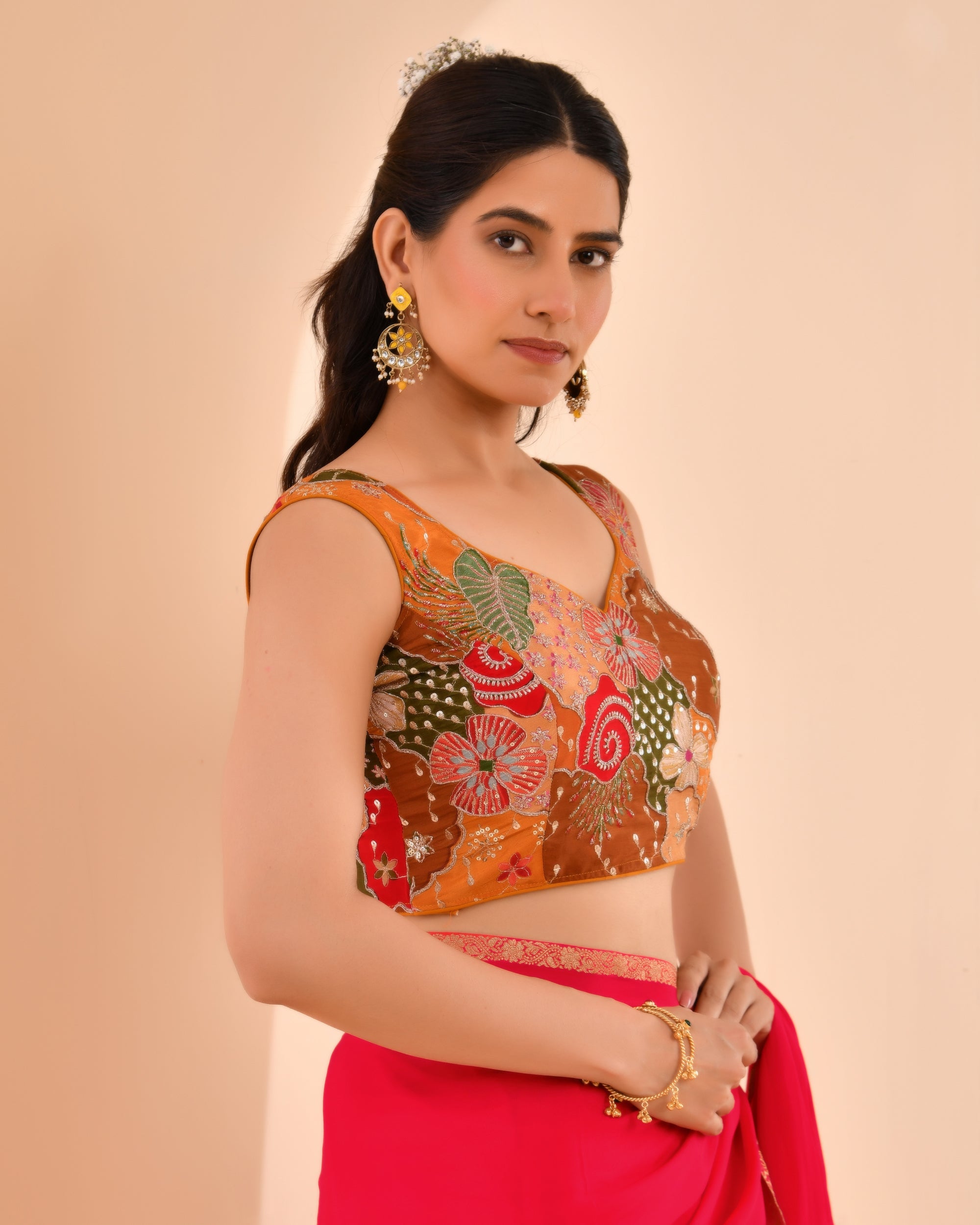 Mustard Floral Position Print Sweetheart Neck Blouse Sleevesless