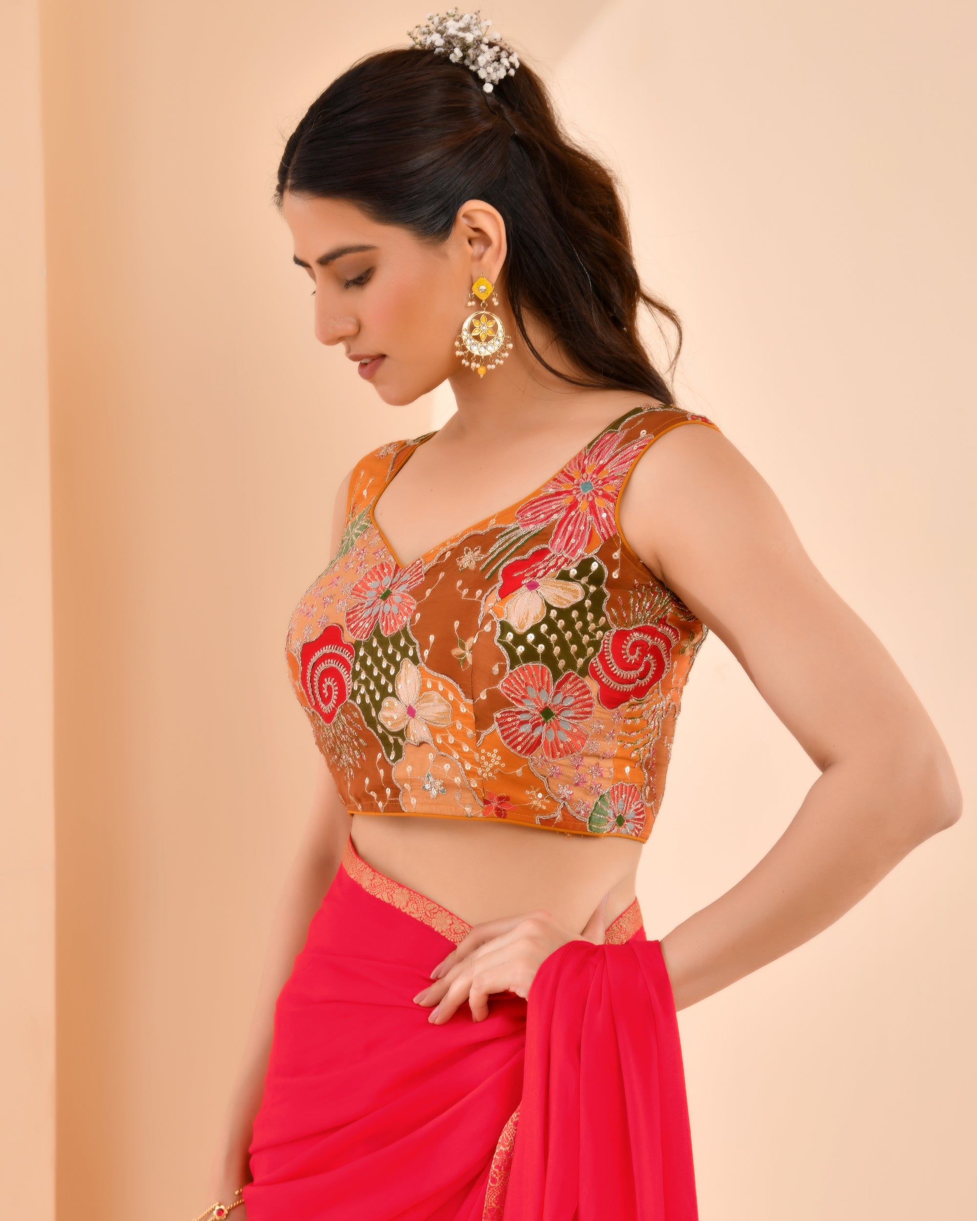 Mustard Floral Position Print Sweetheart Neck Blouse Sleevesless