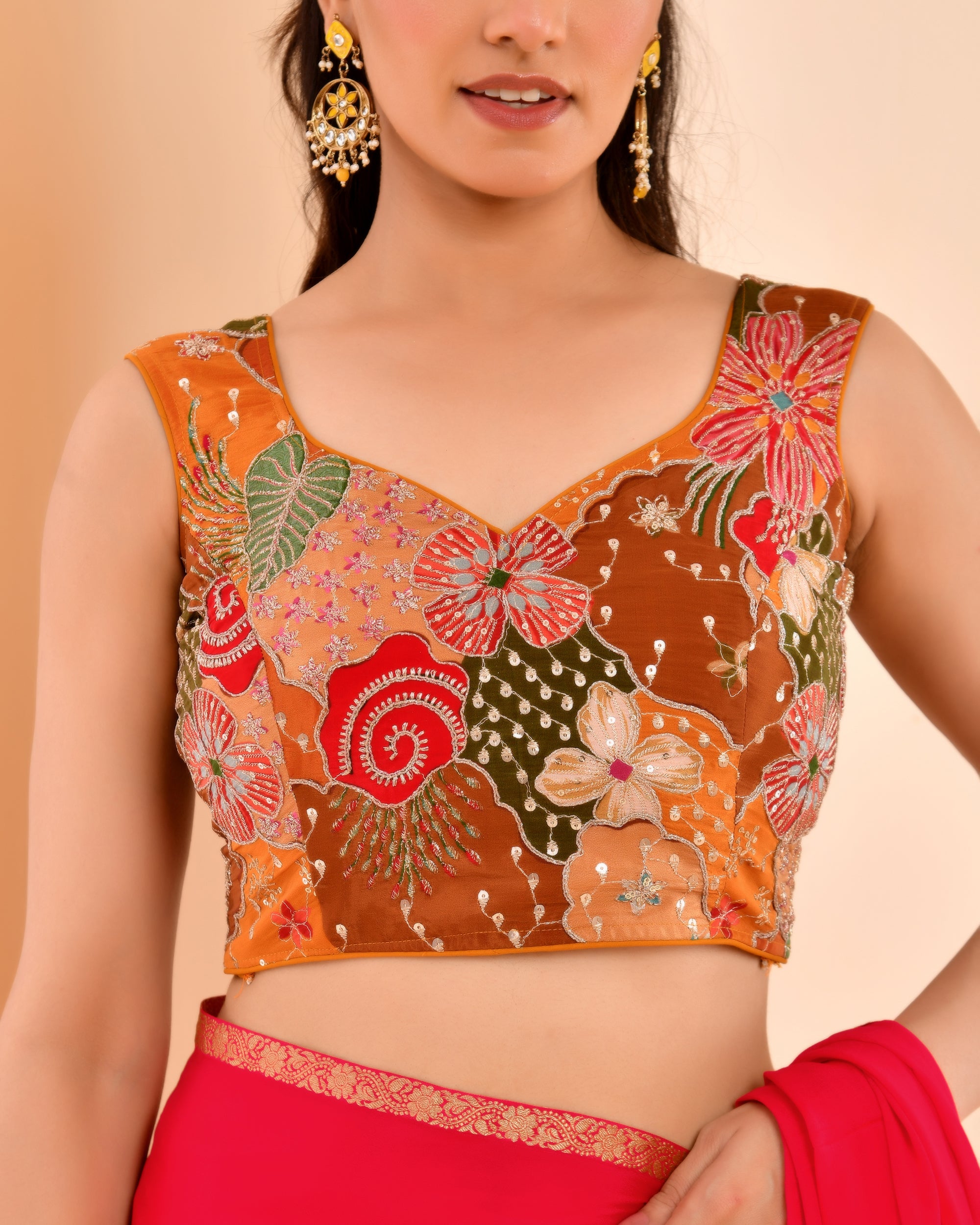 Mustard Floral Position Print Sweetheart Neck Blouse Sleevesless