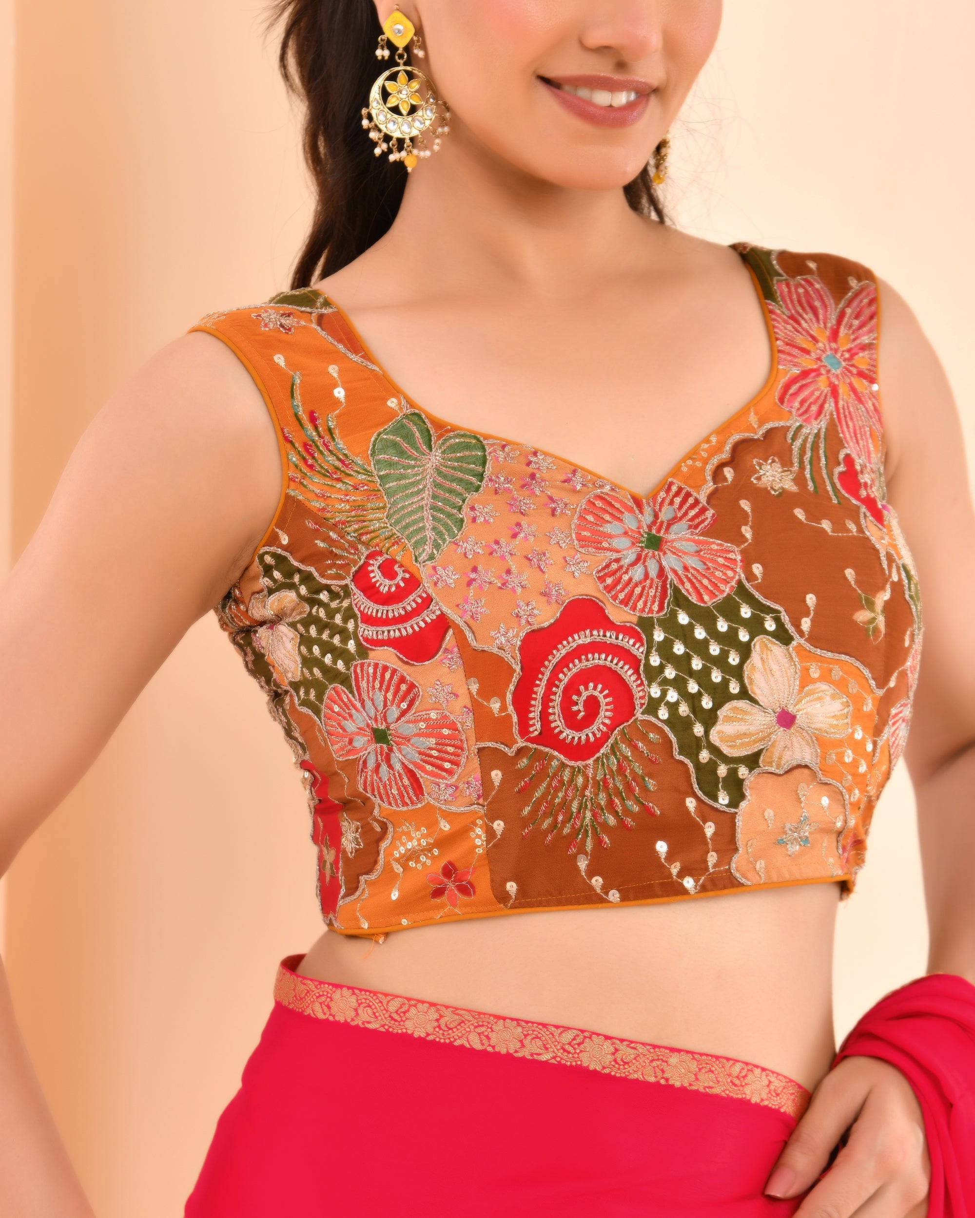 Mustard Floral Position Print Sweetheart Neck Blouse Sleevesless