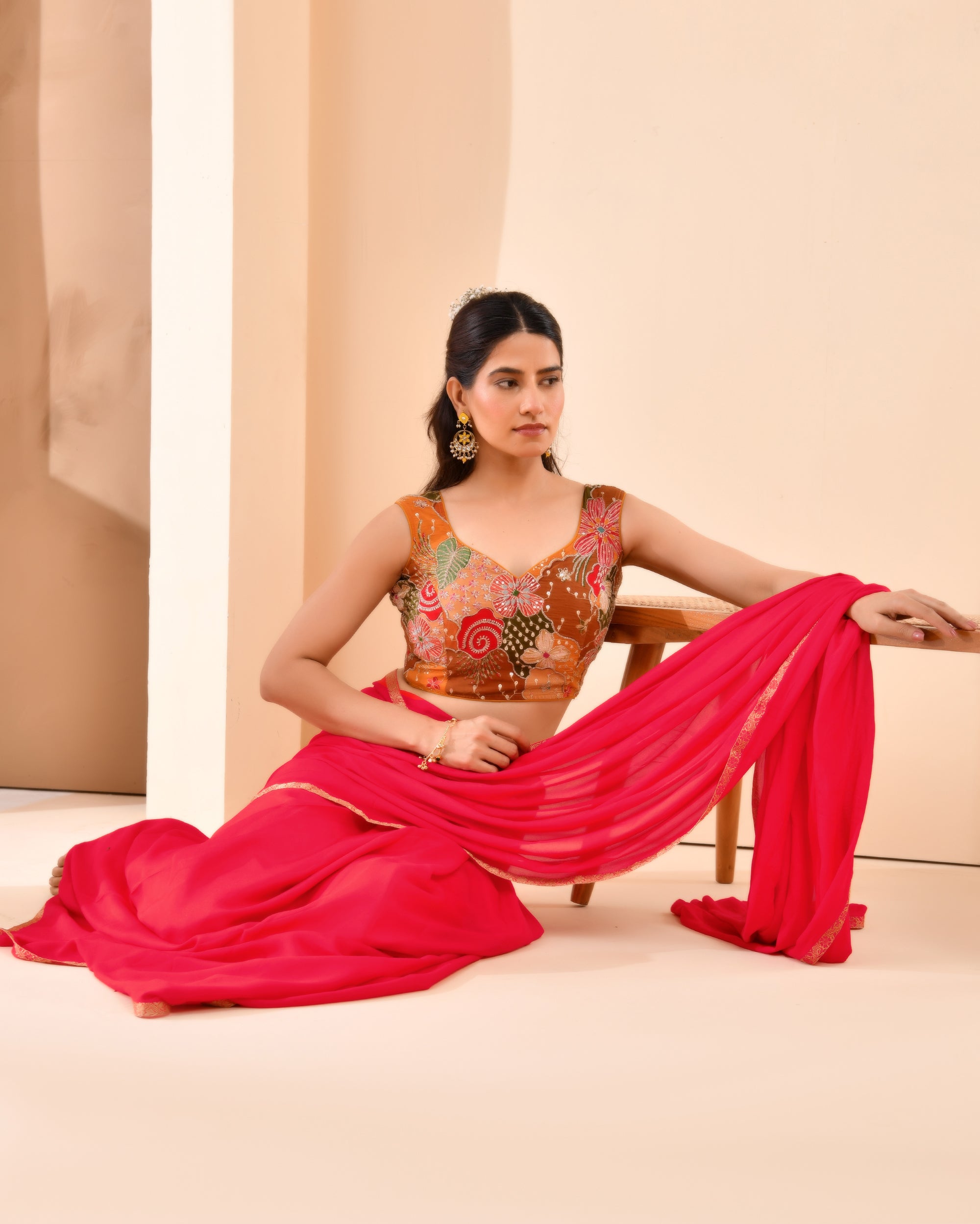 Mustard Floral Position Print Sweetheart Neck Blouse Sleevesless