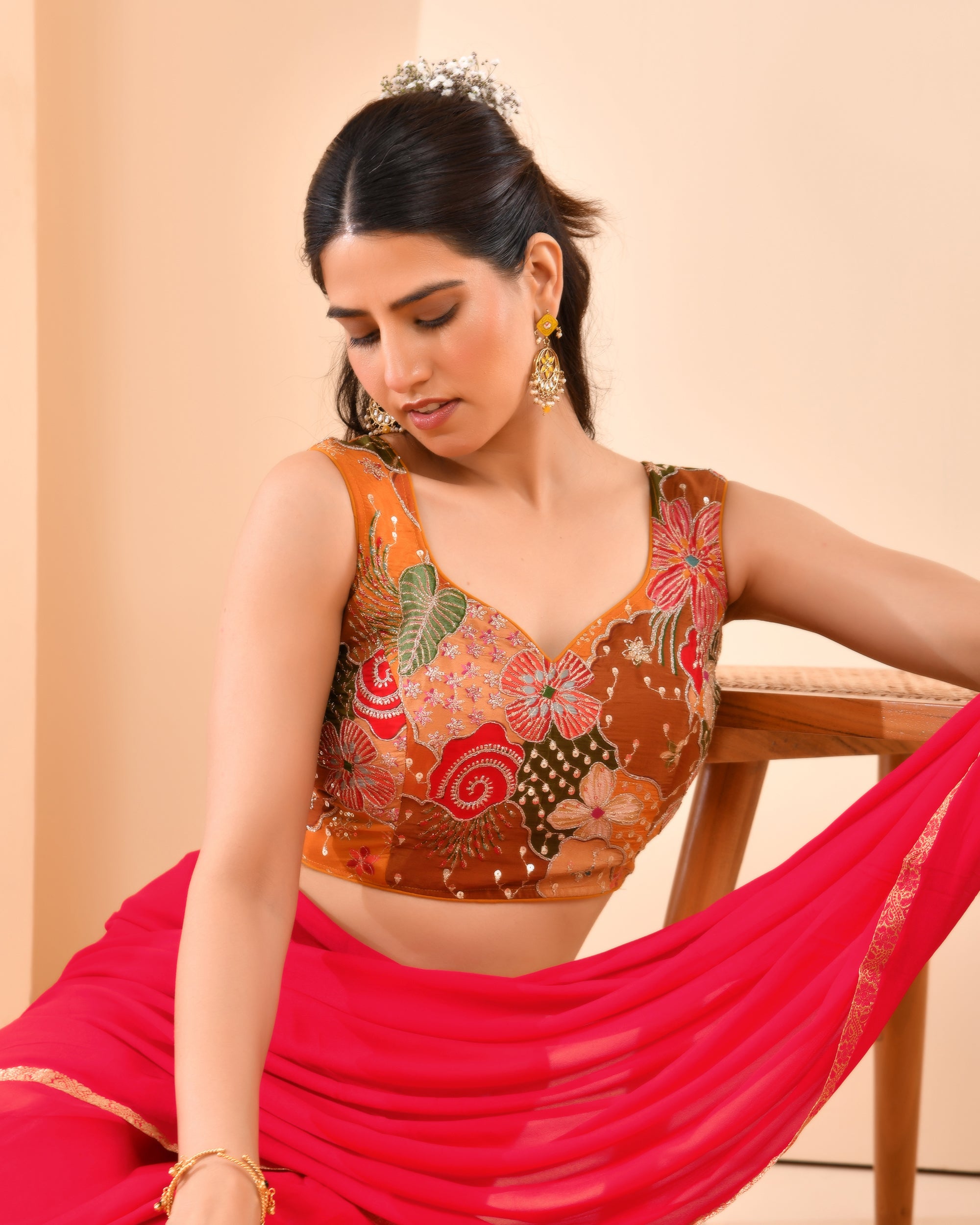 Mustard Floral Position Print Sweetheart Neck Blouse Sleevesless