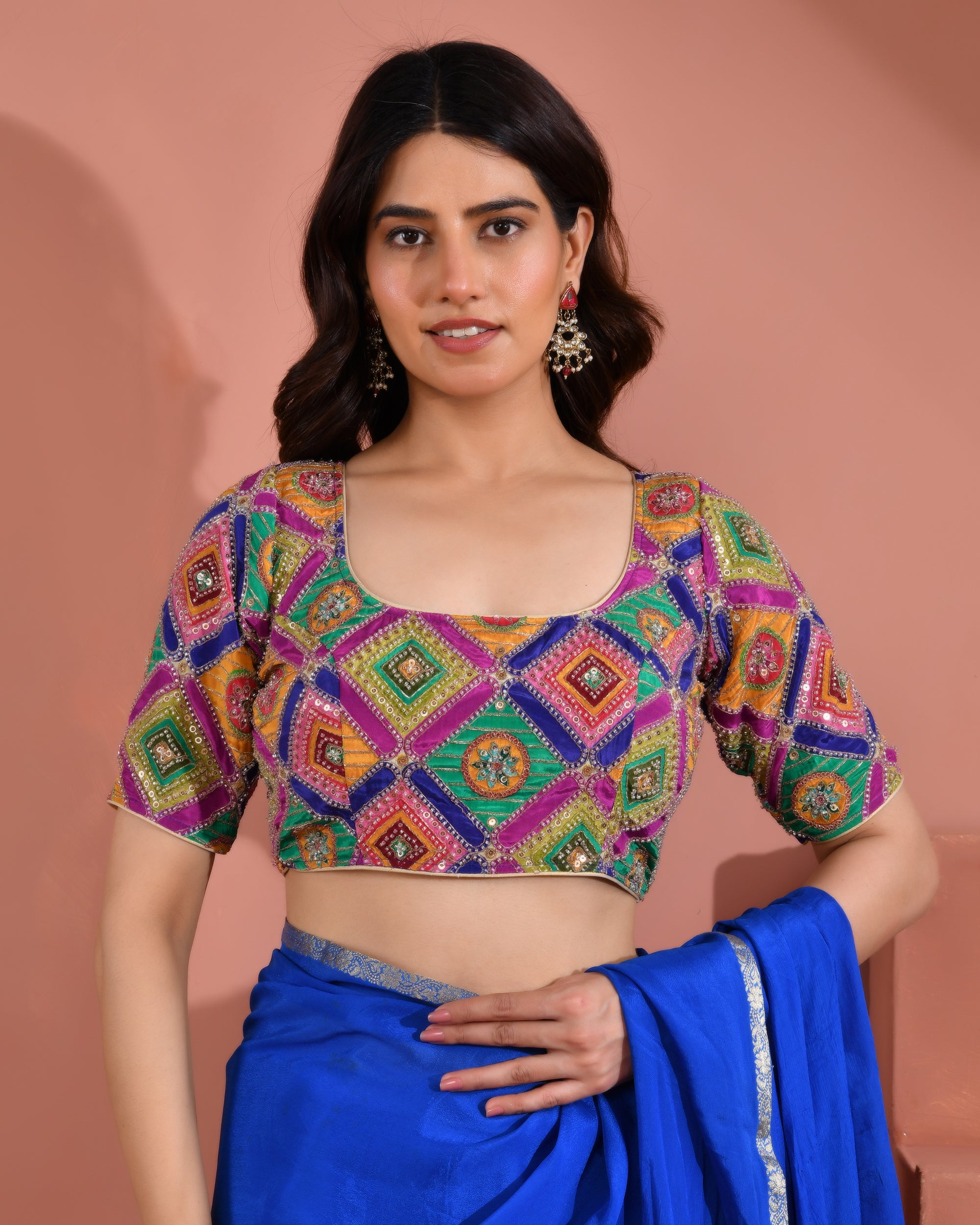 Multicolor's  Geometric Pattern Cut Dana Embroidered Blouse