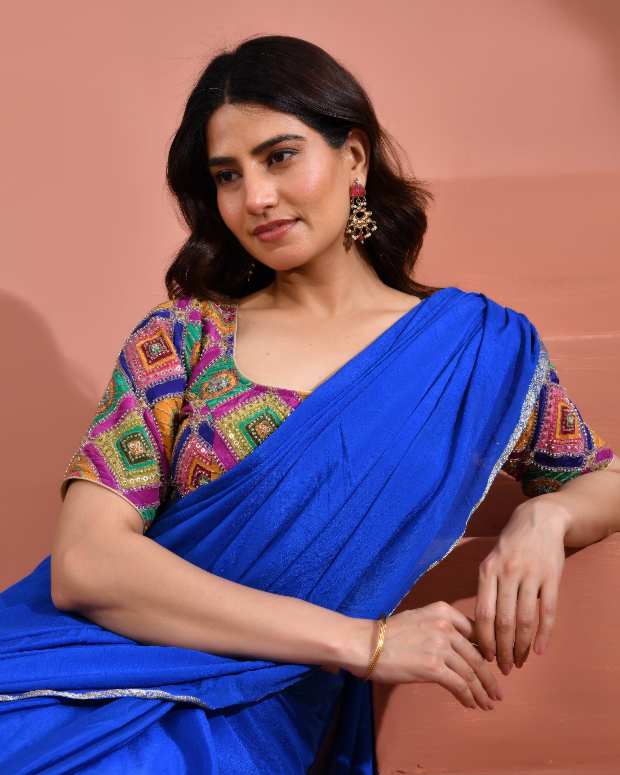 Multicolor's  Geometric Pattern Cut Dana Embroidered Blouse