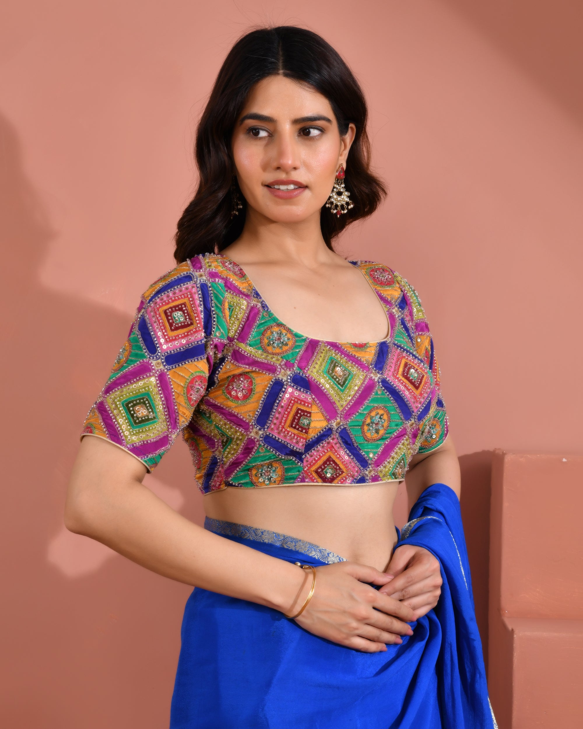 Multicolor's  Geometric Pattern Cut Dana Embroidered Blouse
