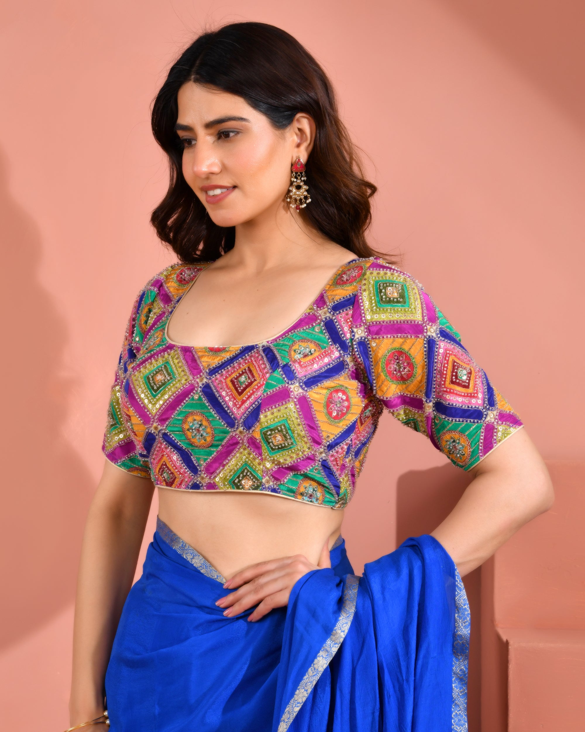 Multicolor's  Geometric Pattern Cut Dana Embroidered Blouse