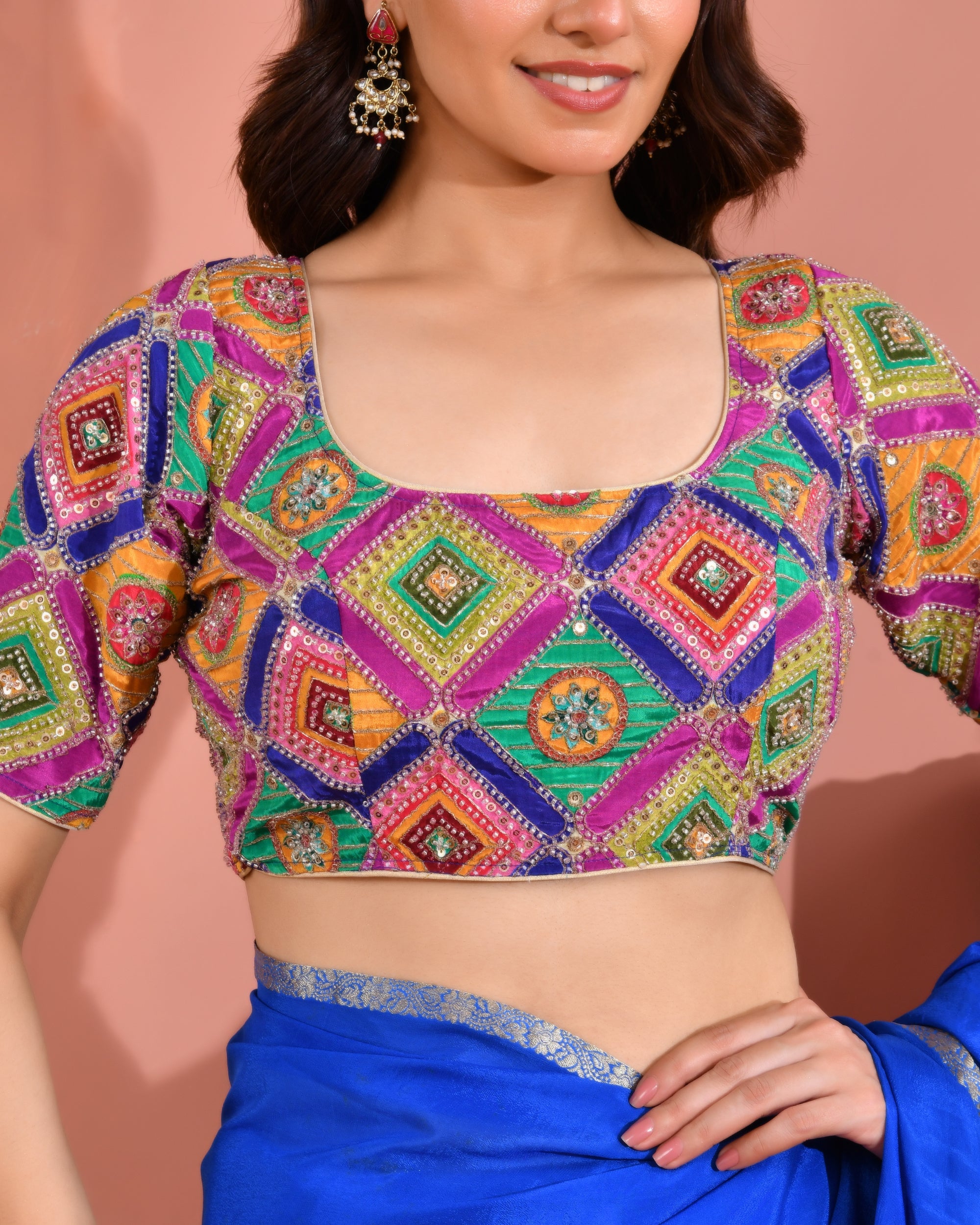 Multicolor's  Geometric Pattern Cut Dana Embroidered Blouse