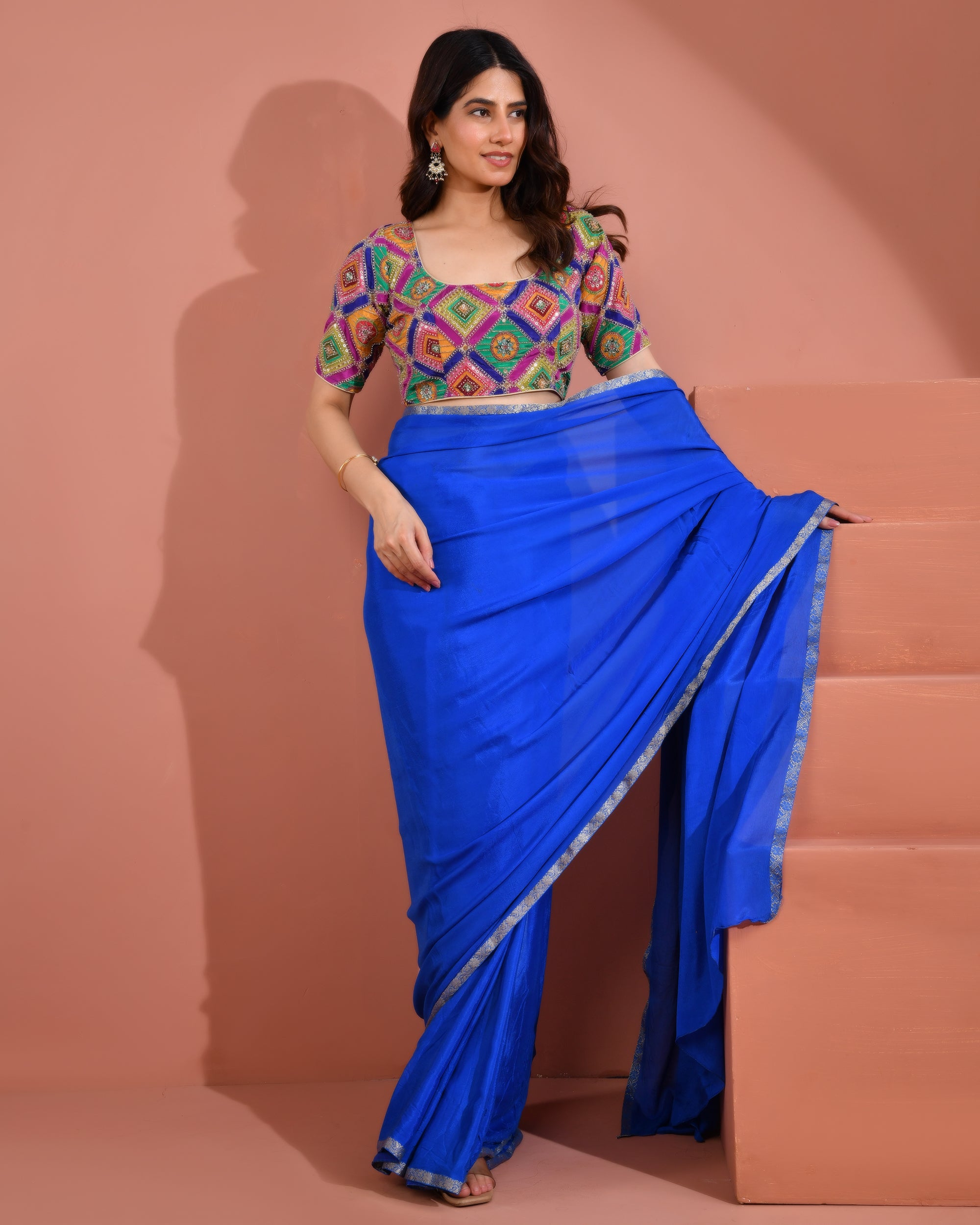 Multicolor's  Geometric Pattern Cut Dana Embroidered Blouse