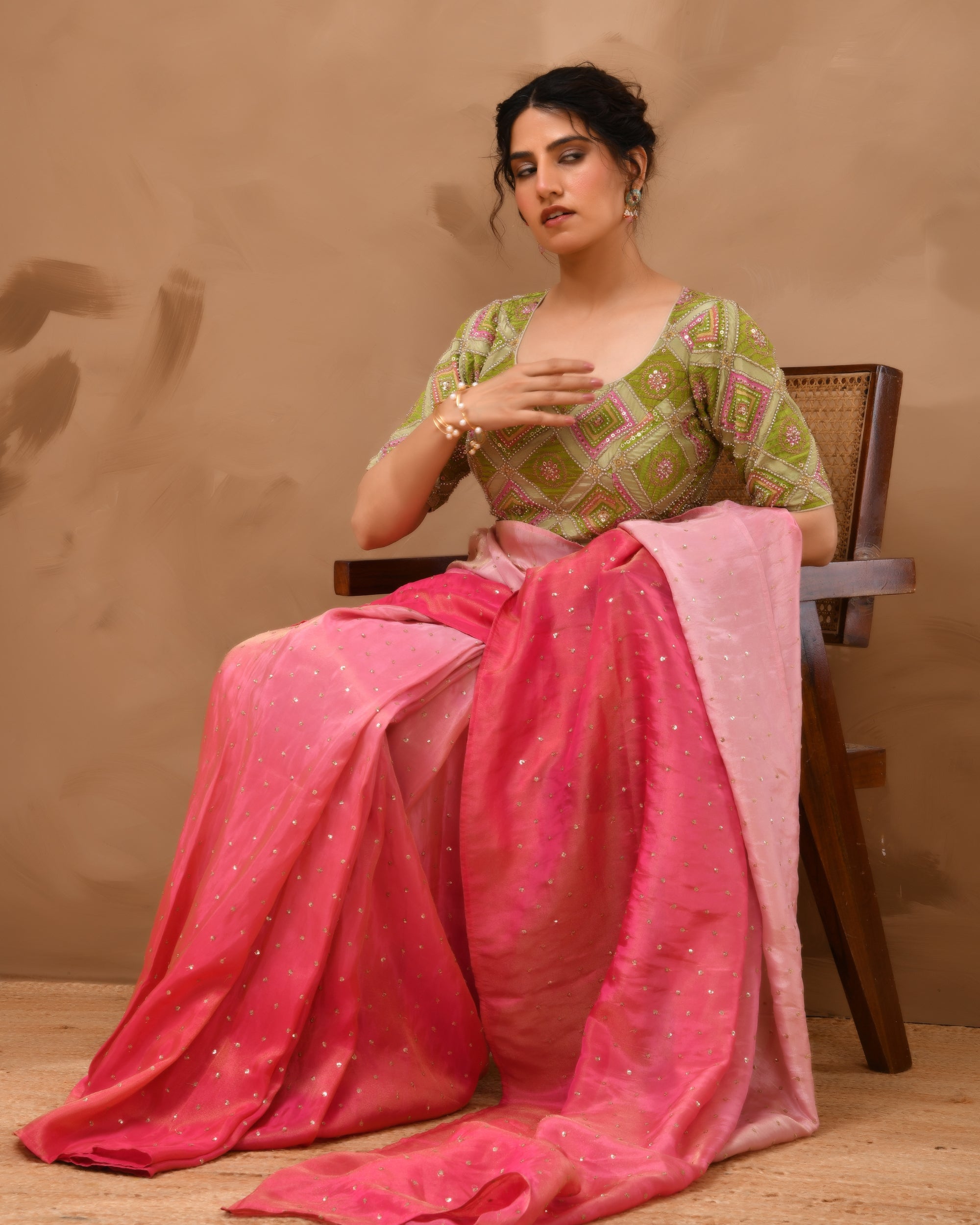 Green  Geometric Pattern Cut Dana Embroidered Blouse