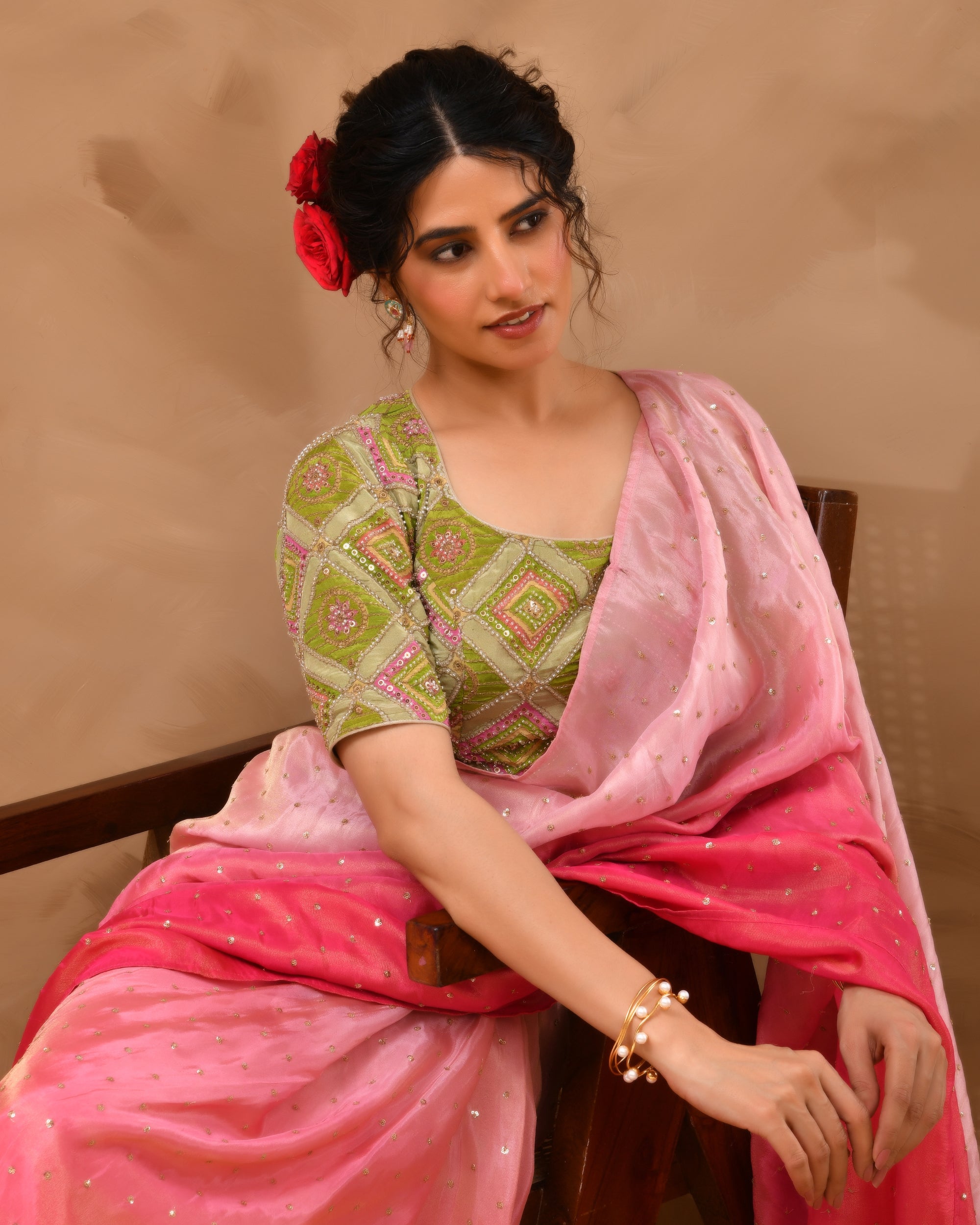 Green  Geometric Pattern Cut Dana Embroidered Blouse