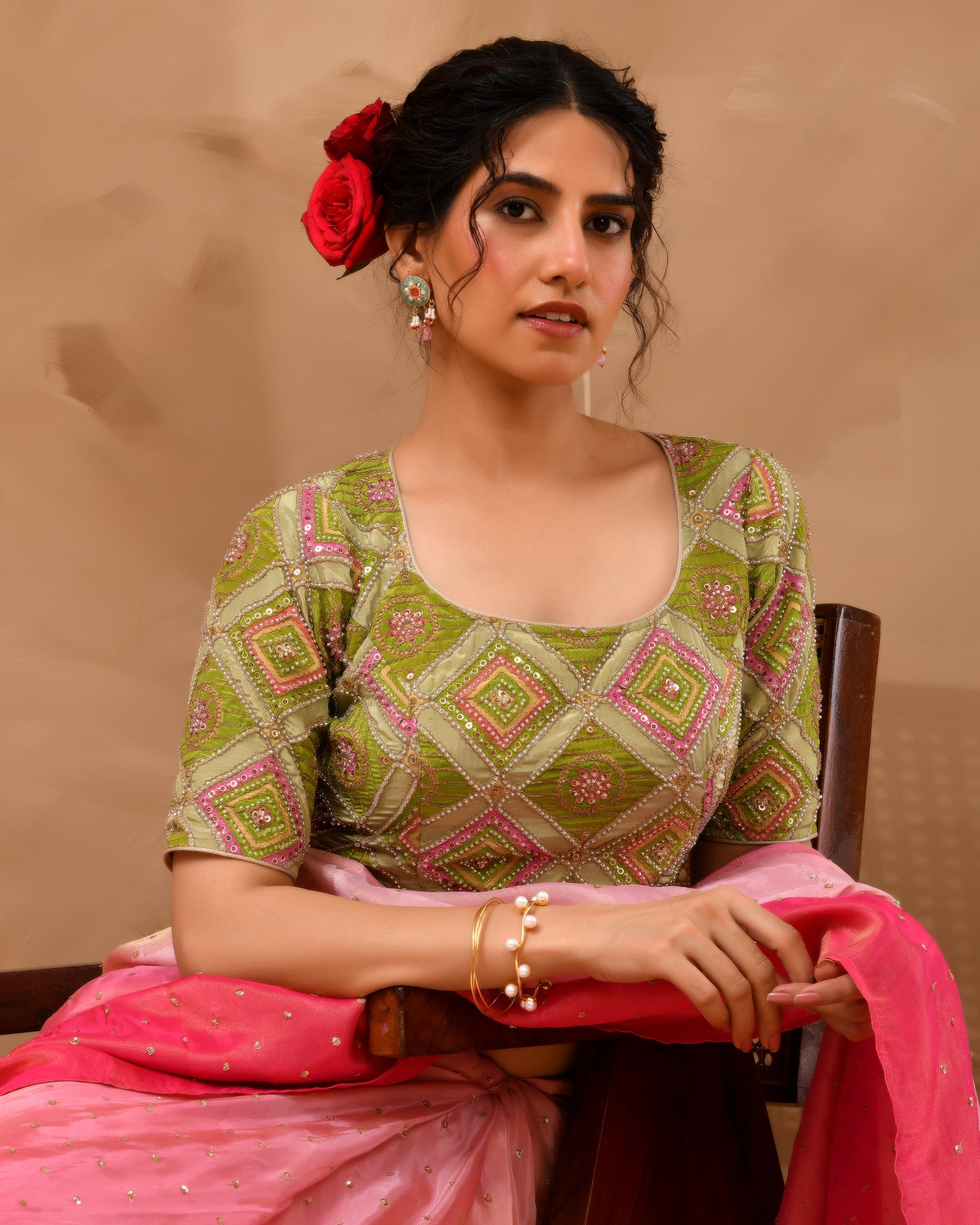 Green  Geometric Pattern Cut Dana Embroidered Blouse