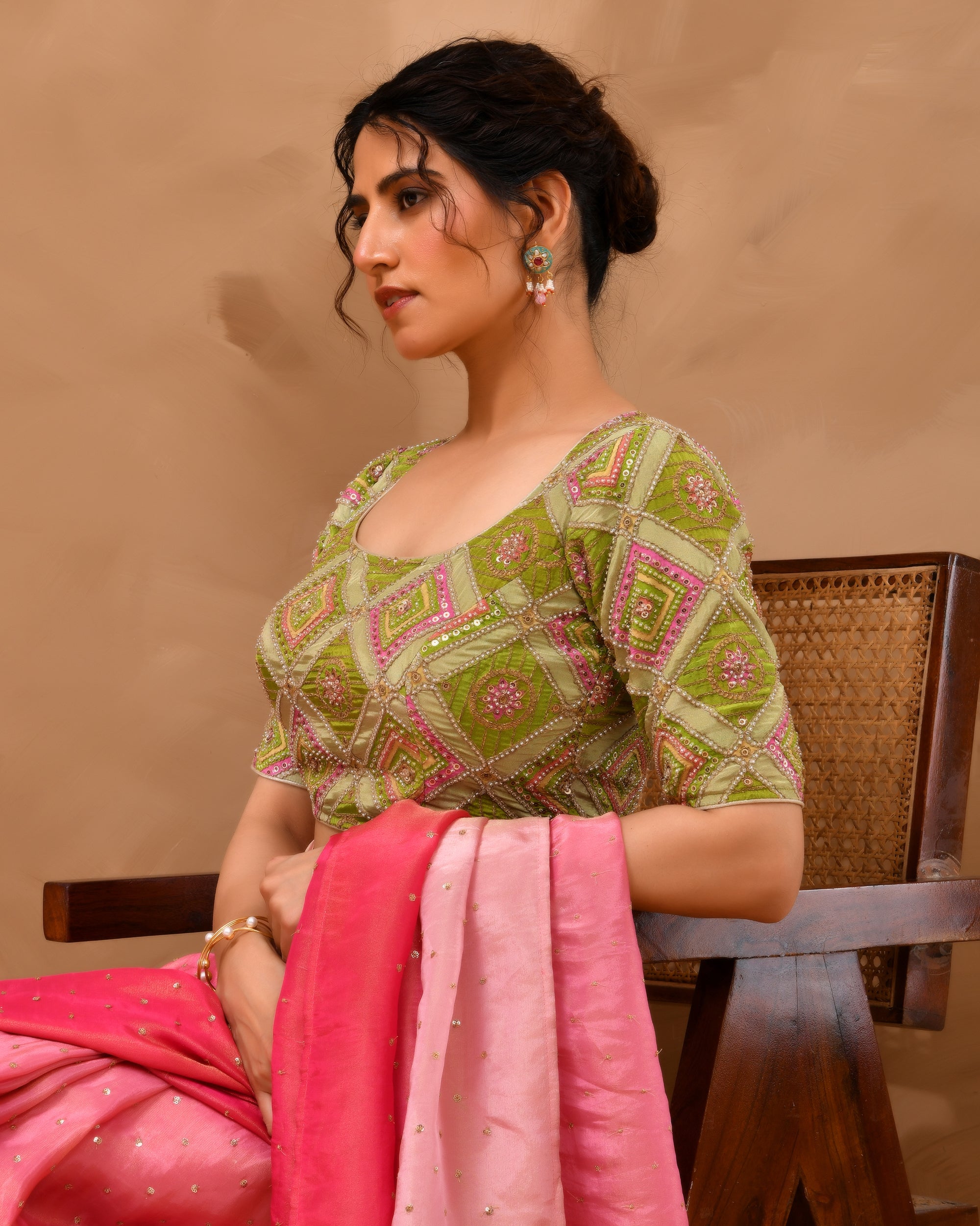 Green  Geometric Pattern Cut Dana Embroidered Blouse