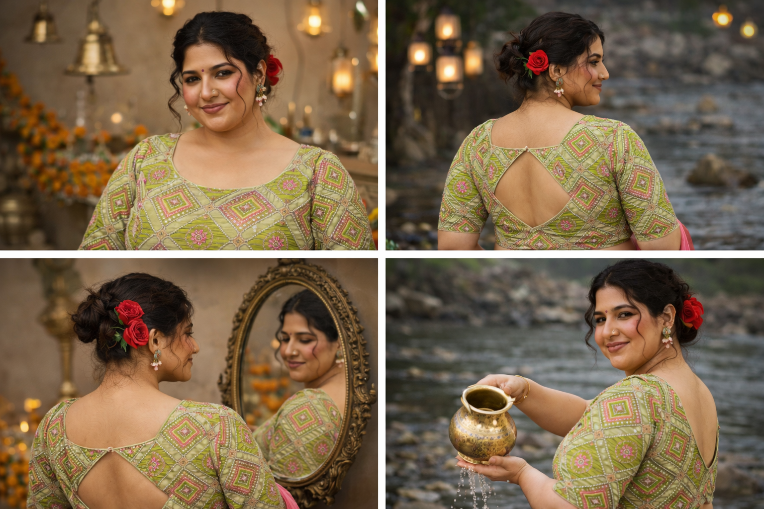 Green  Geometric Pattern Cut Dana Embroidered Blouse