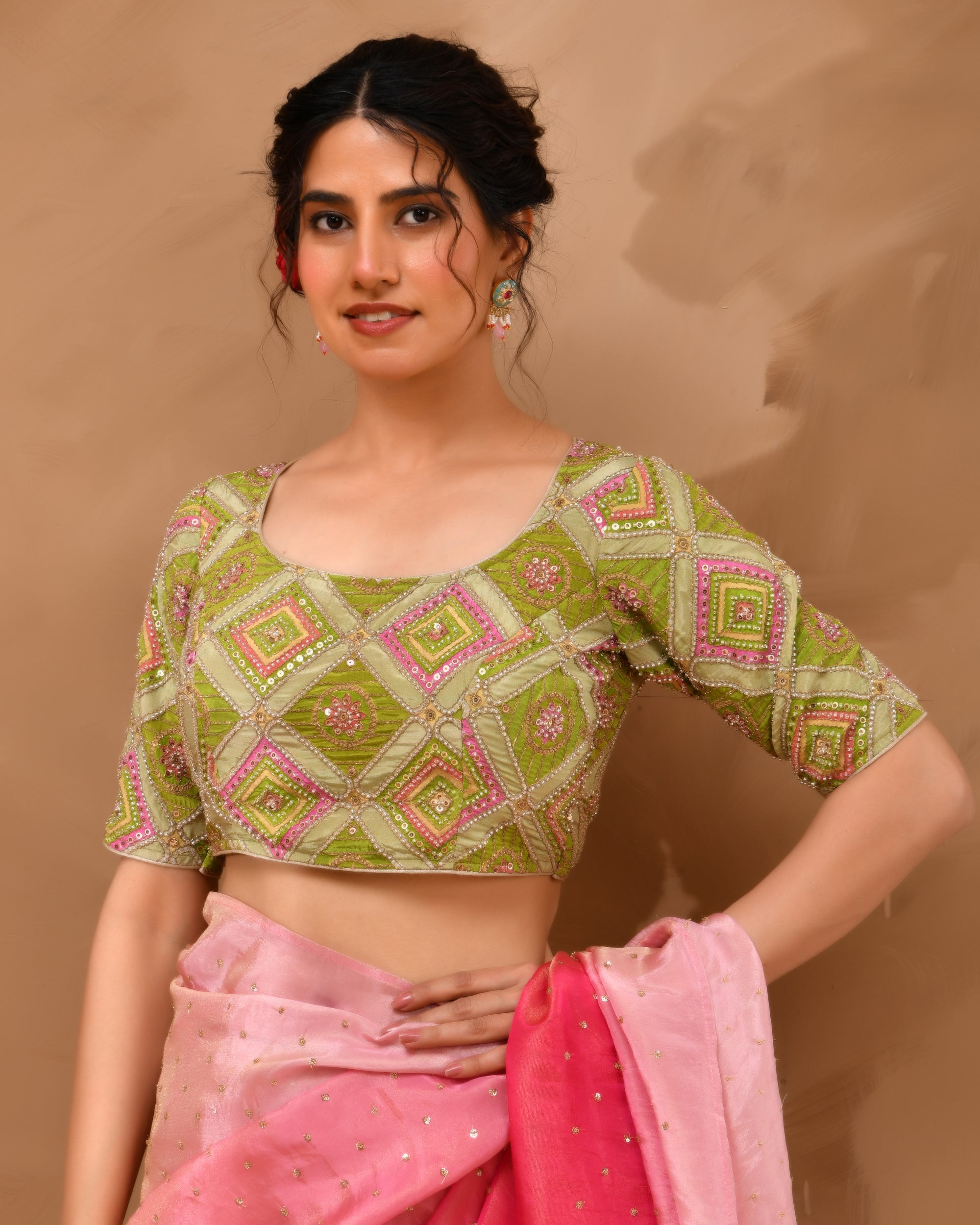 Green  Geometric Pattern Cut Dana Embroidered Blouse