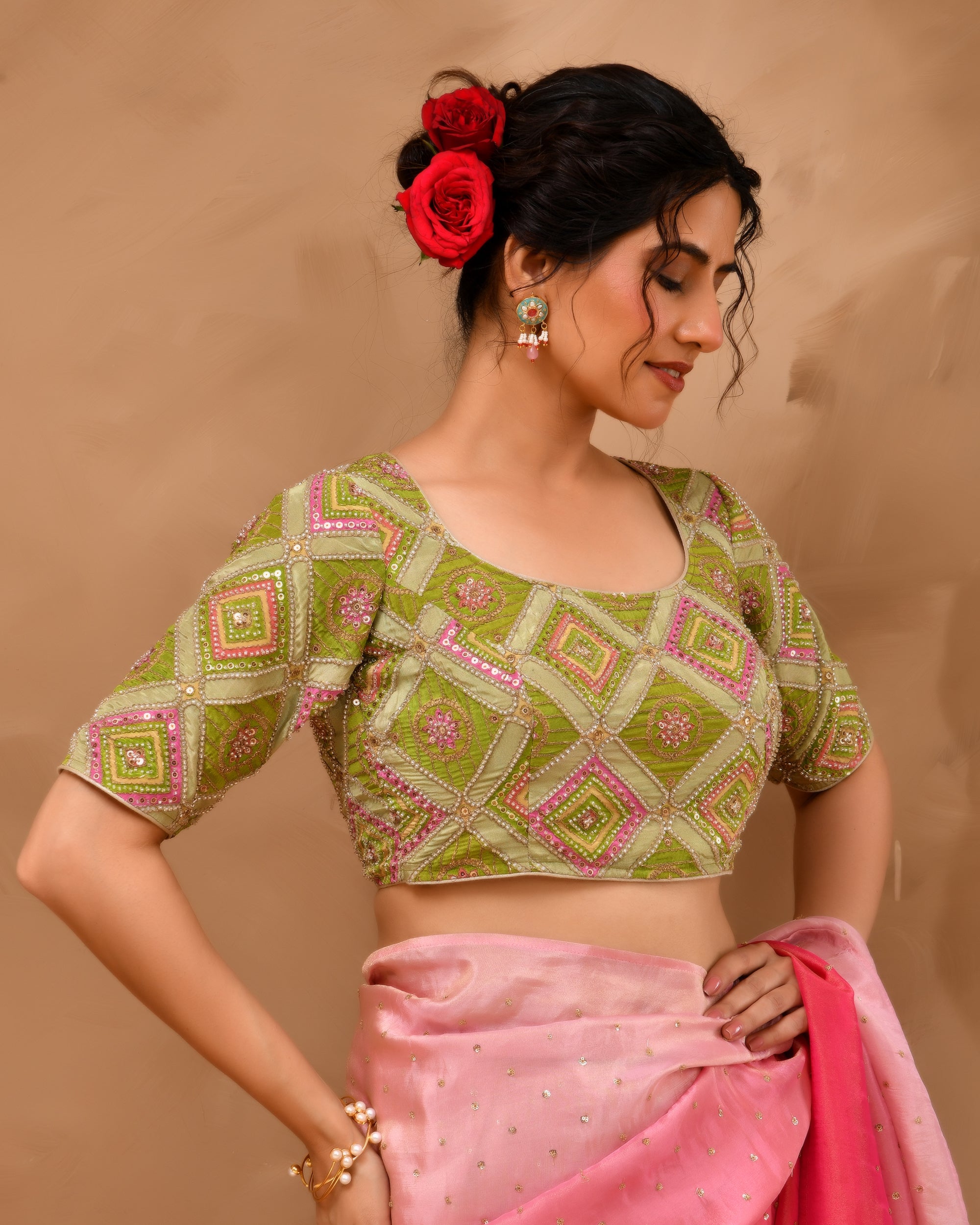 Green  Geometric Pattern Cut Dana Embroidered Blouse