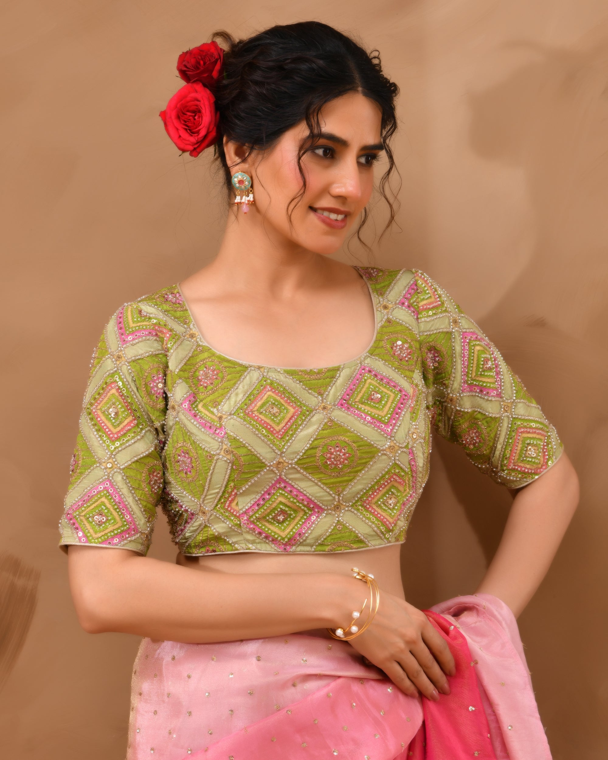 Green  Geometric Pattern Cut Dana Embroidered Blouse