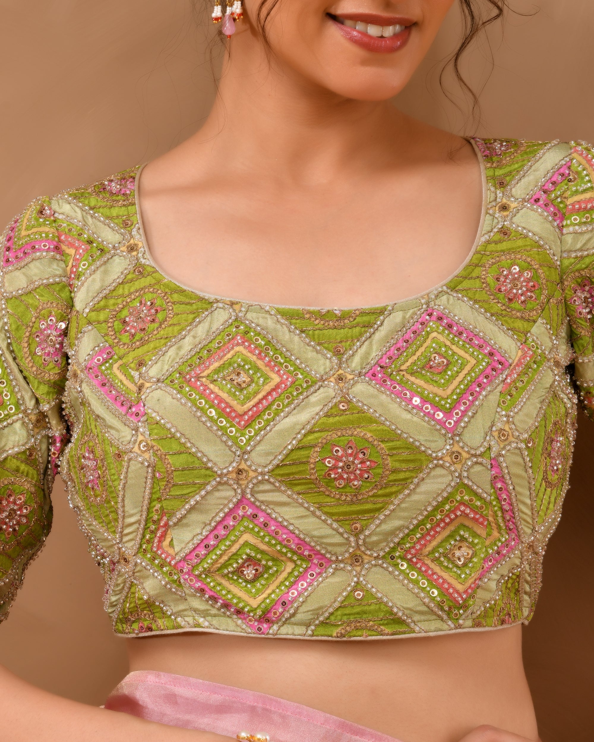 Green  Geometric Pattern Cut Dana Embroidered Blouse