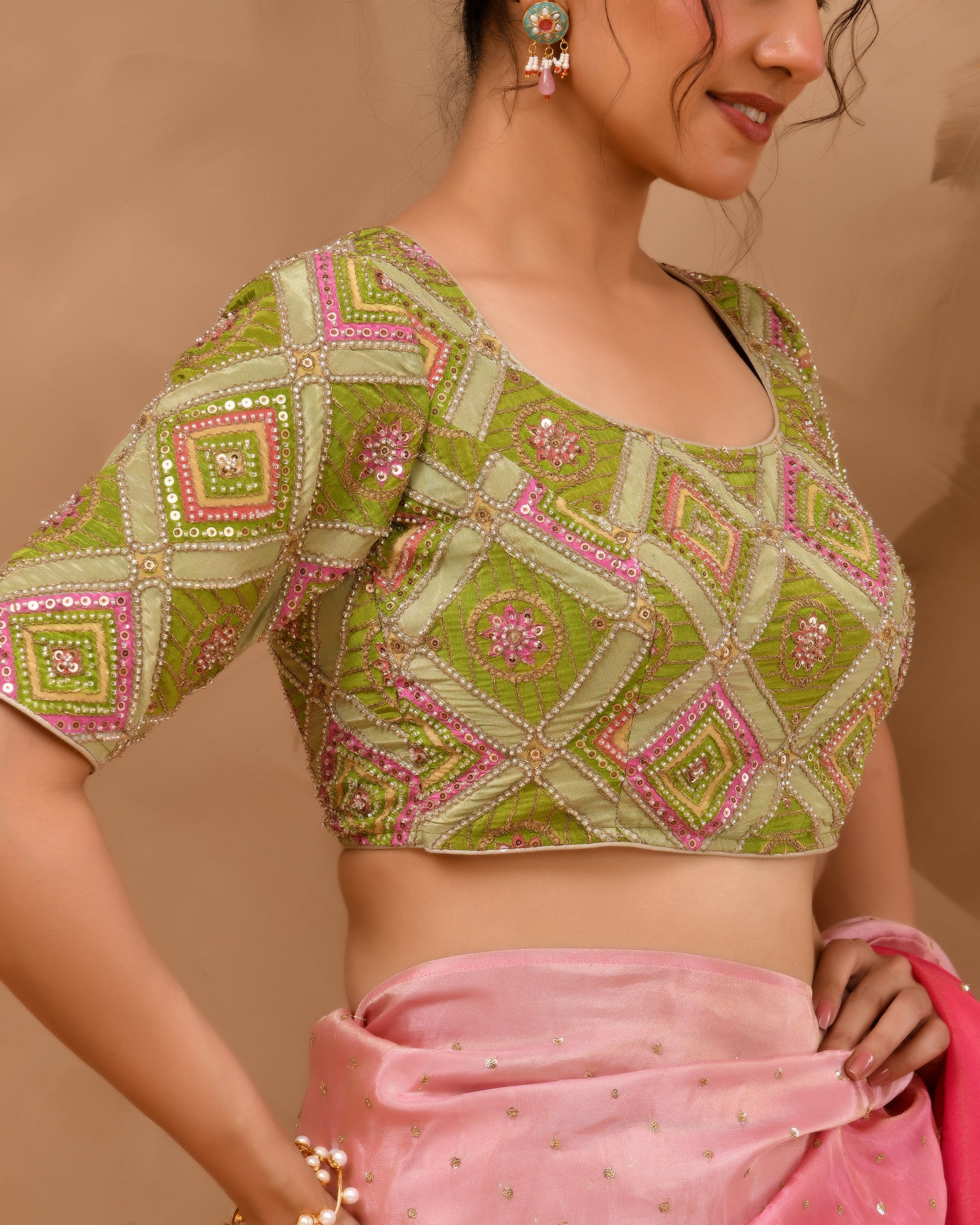 Green  Geometric Pattern Cut Dana Embroidered Blouse