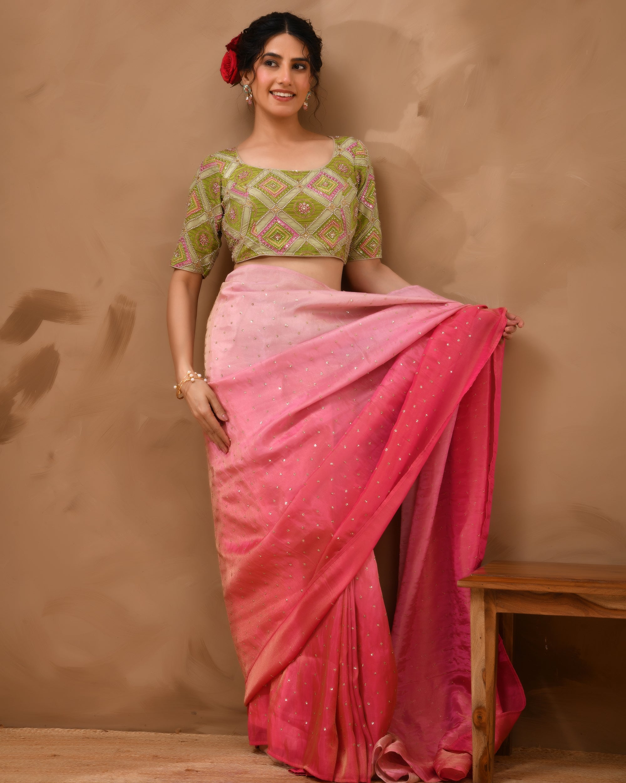 Green  Geometric Pattern Cut Dana Embroidered Blouse