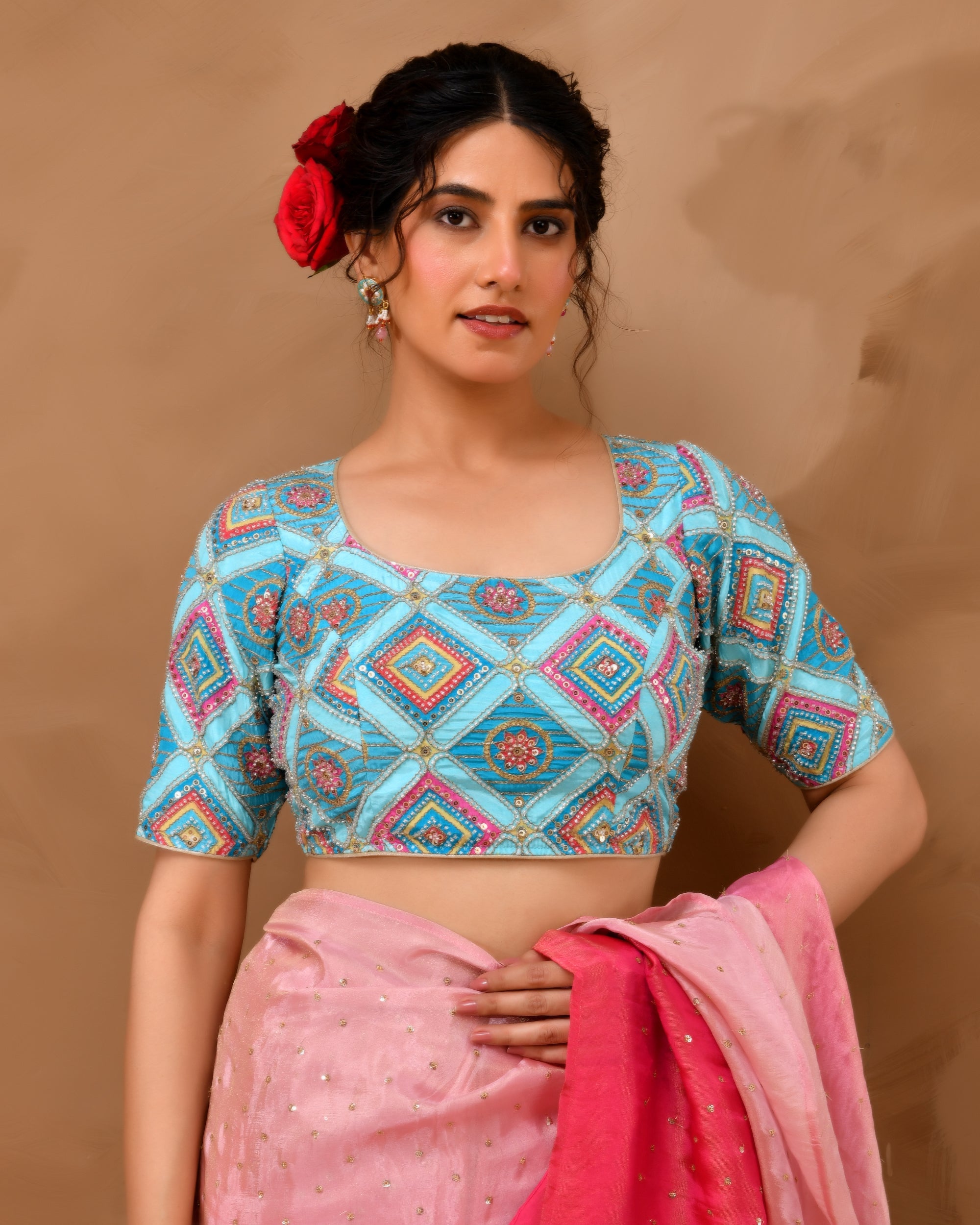 Sky Blue Geometric Pattern Cut Dana Embroidered Blouse