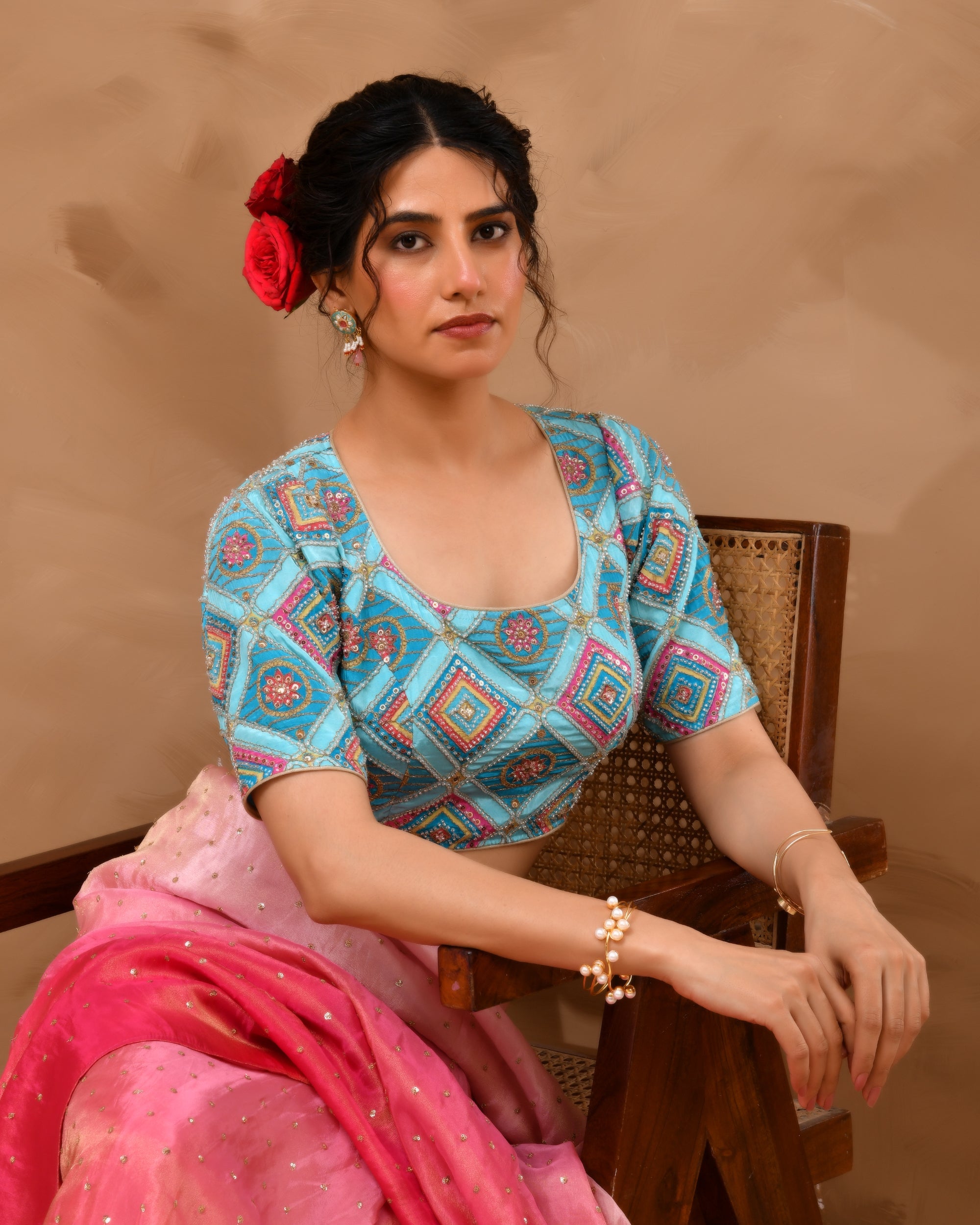 Sky Blue Geometric Pattern Cut Dana Embroidered Blouse