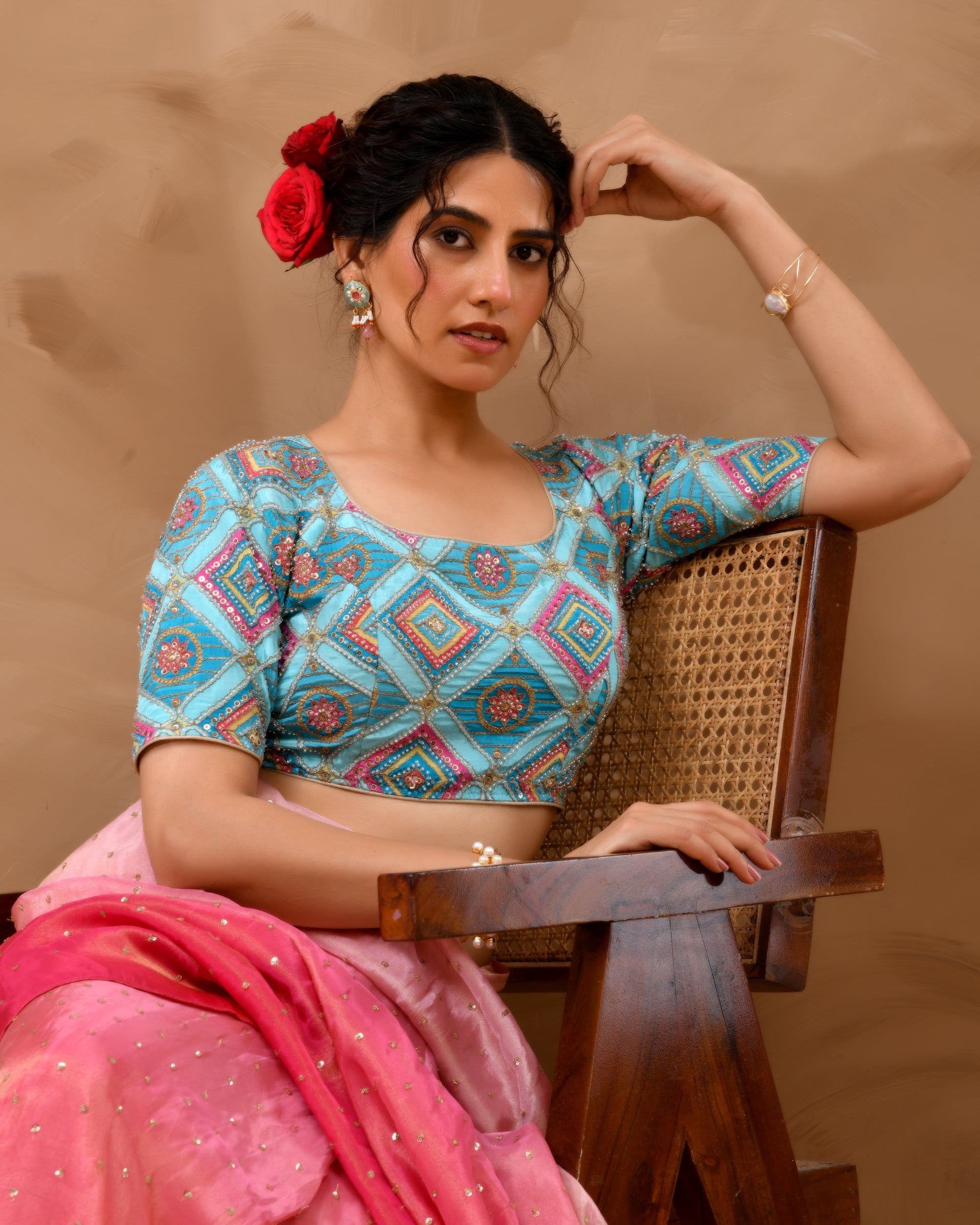 Sky Blue Geometric Pattern Cut Dana Embroidered Blouse