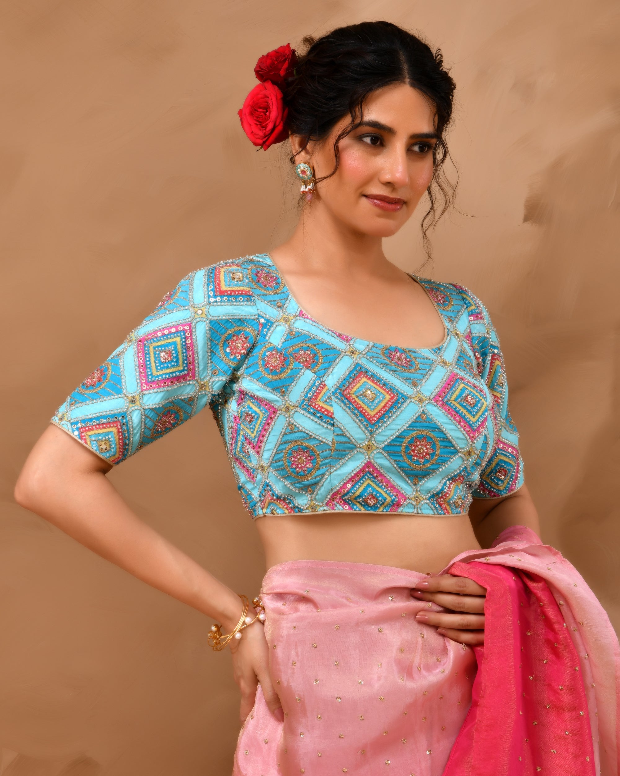 Sky Blue Geometric Pattern Cut Dana Embroidered Blouse