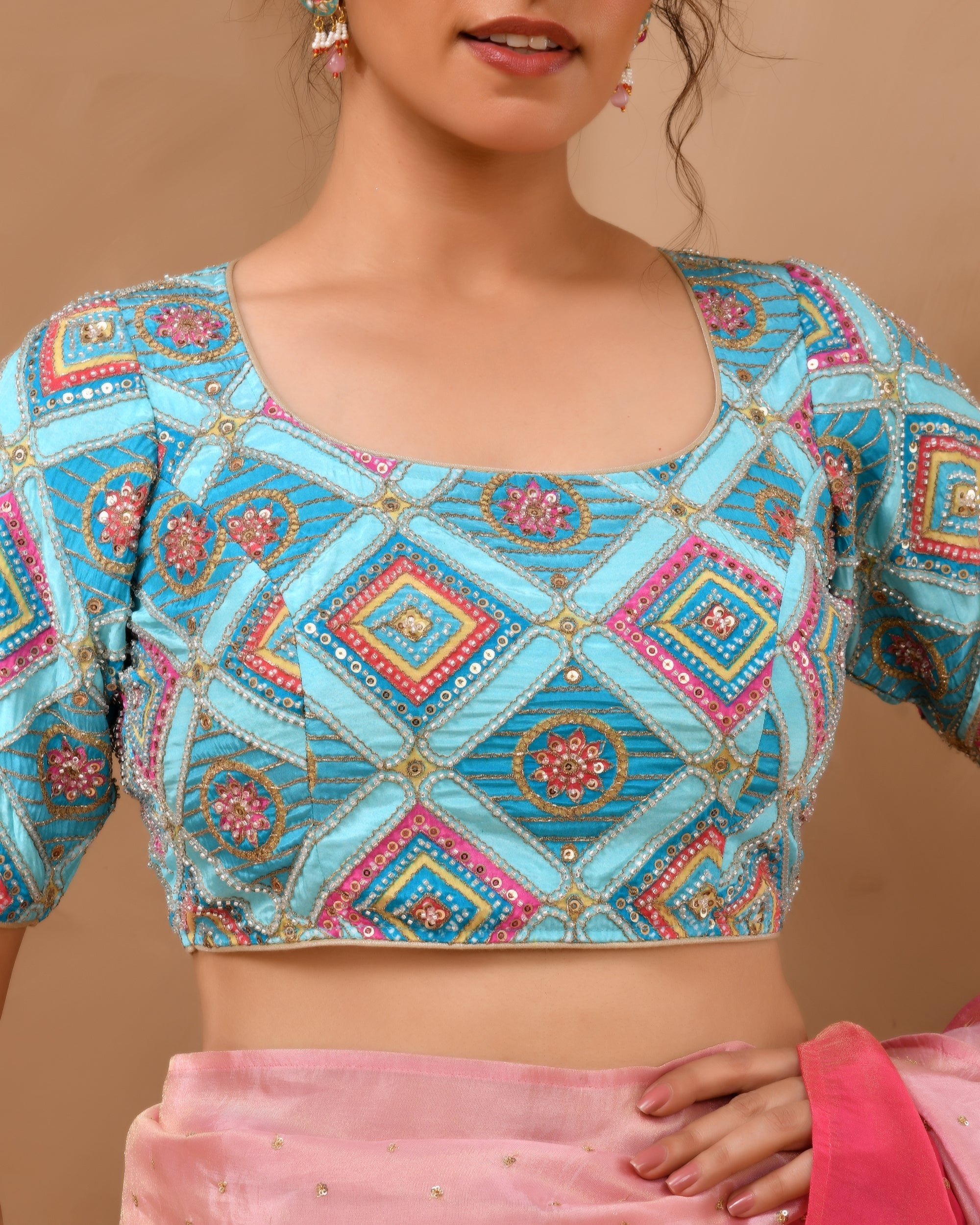 Sky Blue Geometric Pattern Cut Dana Embroidered Blouse