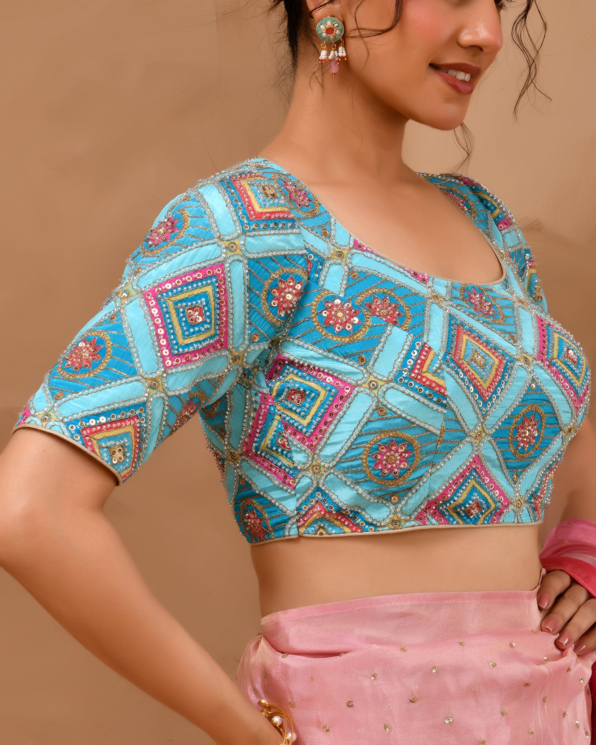 Sky Blue Geometric Pattern Cut Dana Embroidered Blouse