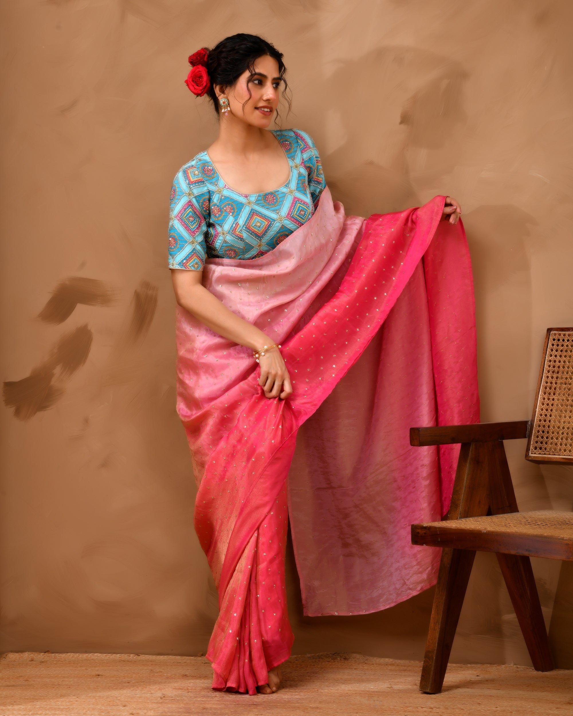 Sky Blue Geometric Pattern Cut Dana Embroidered Blouse