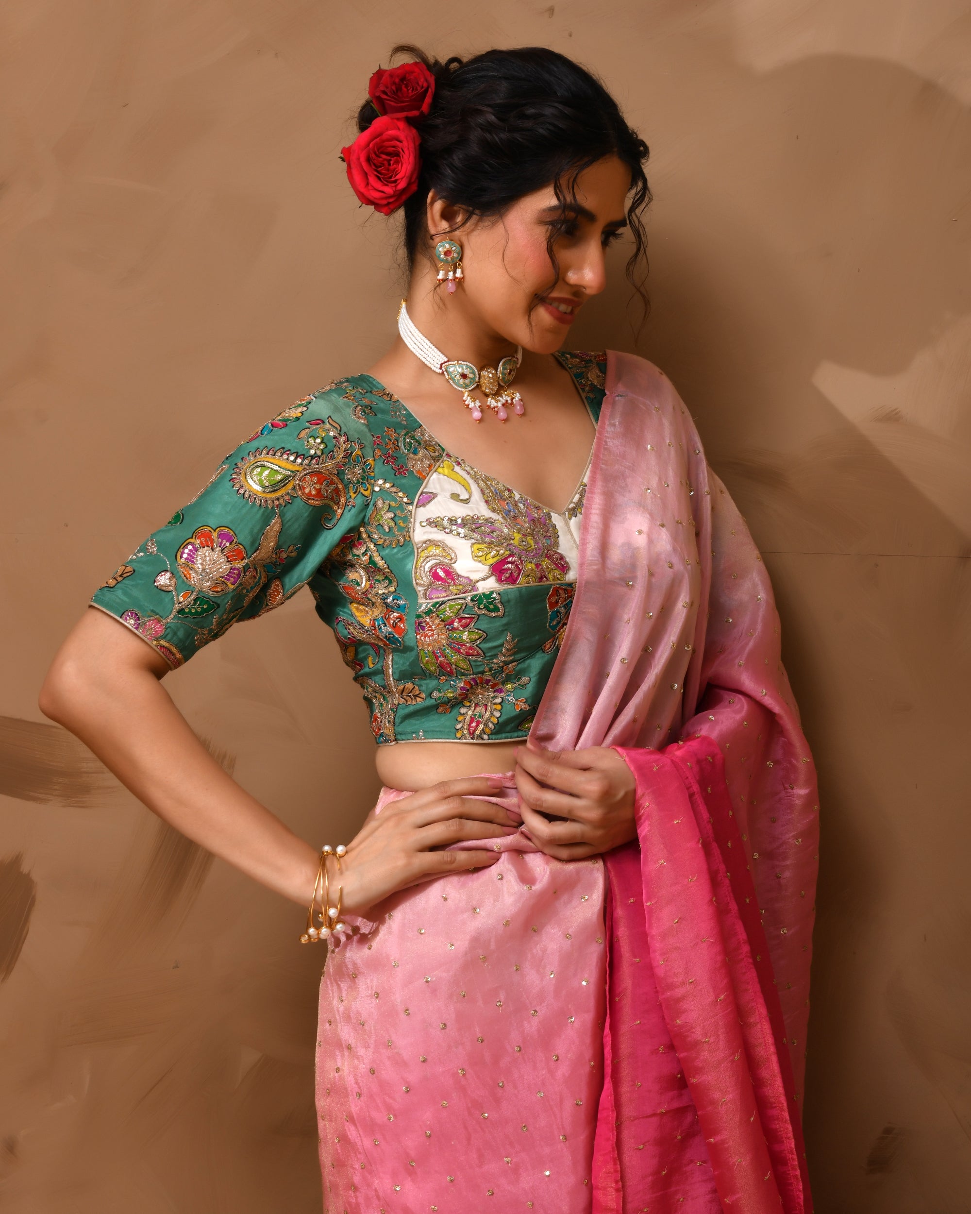 Green  Pure Crepe Position Print Aangi Style Blouse