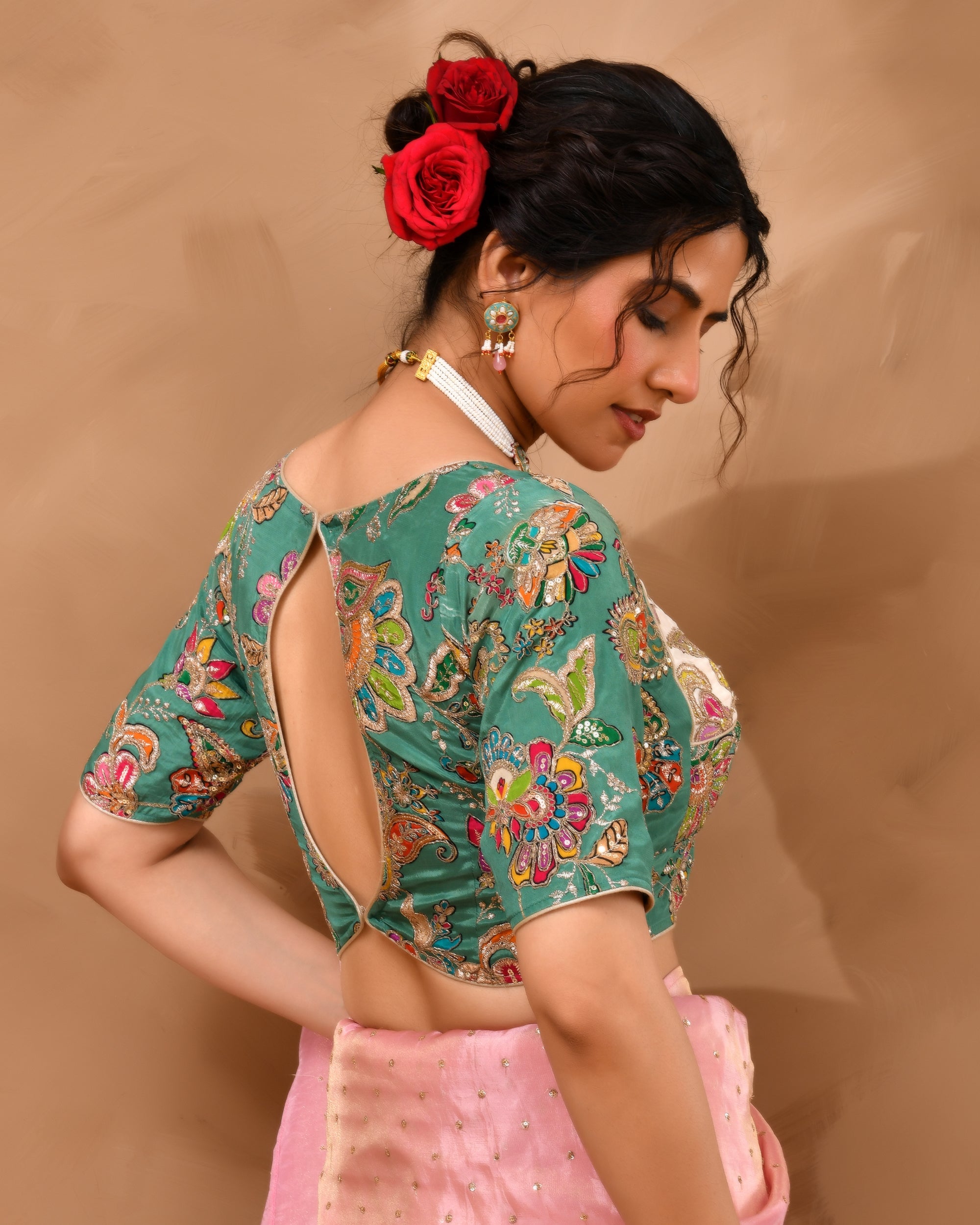 Green  Pure Crepe Position Print Aangi Style Blouse