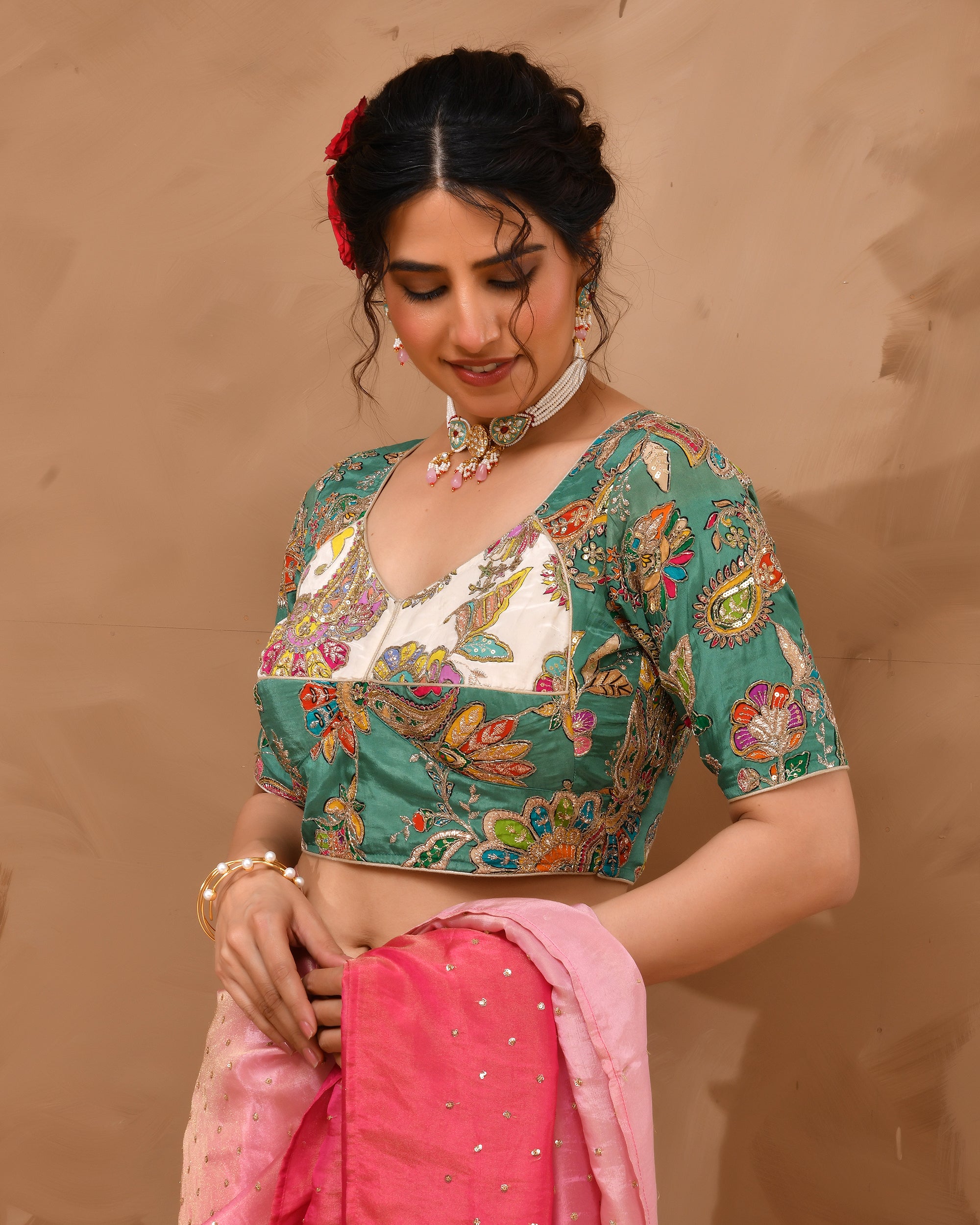 Green  Pure Crepe Position Print Aangi Style Blouse