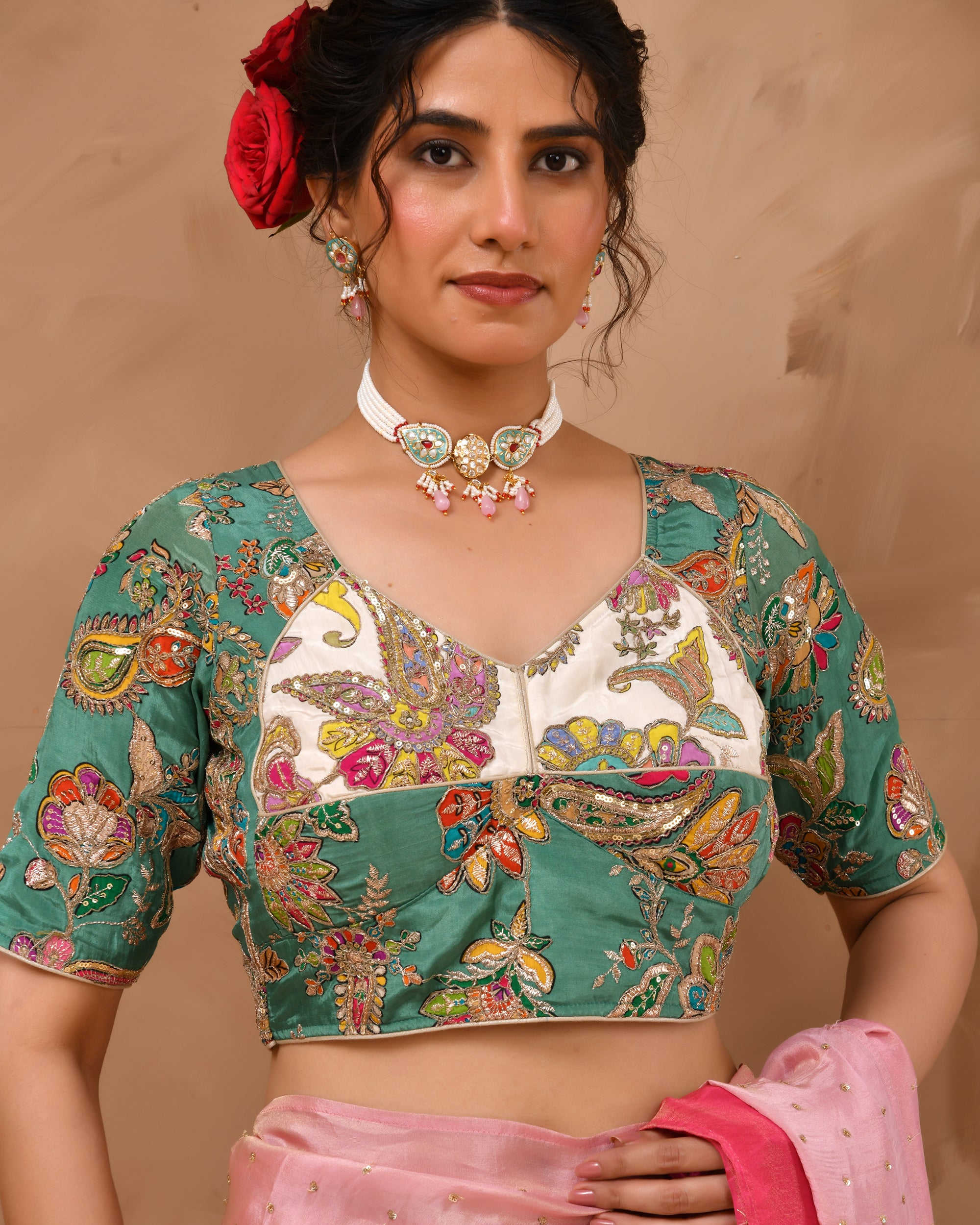 Green  Pure Crepe Position Print Aangi Style Blouse